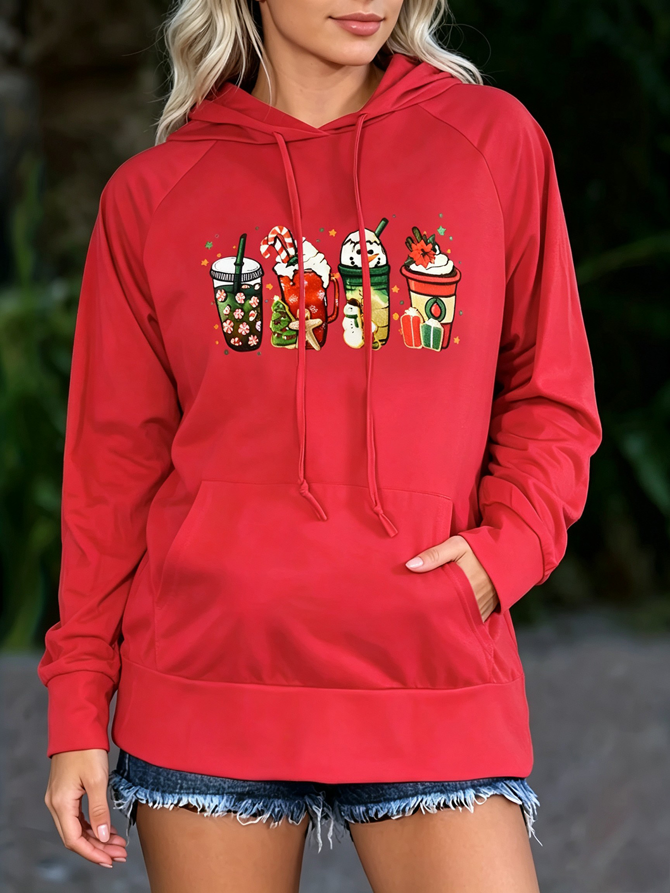 Women Christmas Coffee Cup Graphic Hoodie Drawstring Raglan Long Sleeve Kangaroo Pocket Holiday Pullover Sweatshirt photo 1