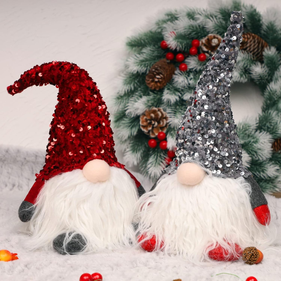 12 In Lighted Christmas Gnome, Handmade Sequins Hat Scandinavian Swedish Tomte, Light Up Elf Holiday Present, Battery Operated Winter Tabletop Christmas Decorations, 2 Set photo 4