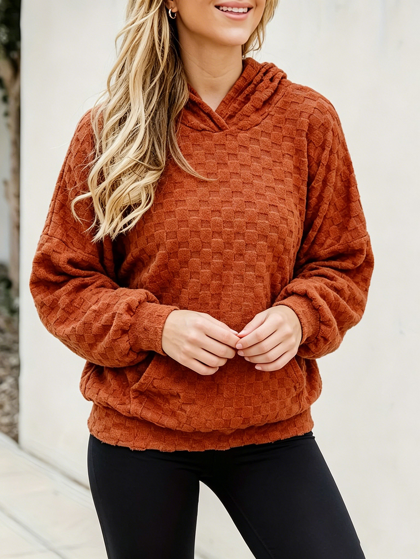 Women Waffle Textured Hoodie Long Sleeve Lantern Sleeve Pullover Sweatshirt With Front Kangaroo Pocket Casual Top photo 3