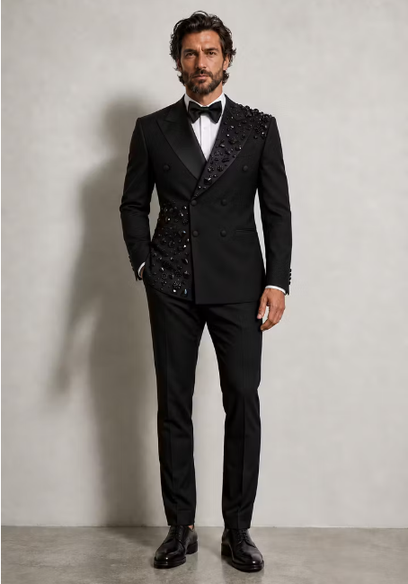 Men's Black Crystal-Embellished Asymmetric Tuxedo Suit Set photo 1