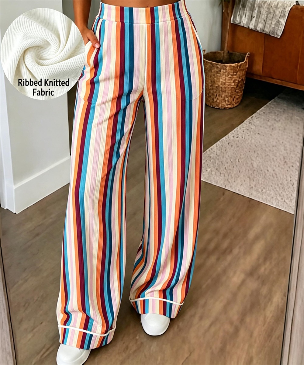 Women's Light Blue White Vertical Stripe Ribbed Knit Wide Leg Pants, Elastic High Waist Casual Trousers With Pockets photo 4