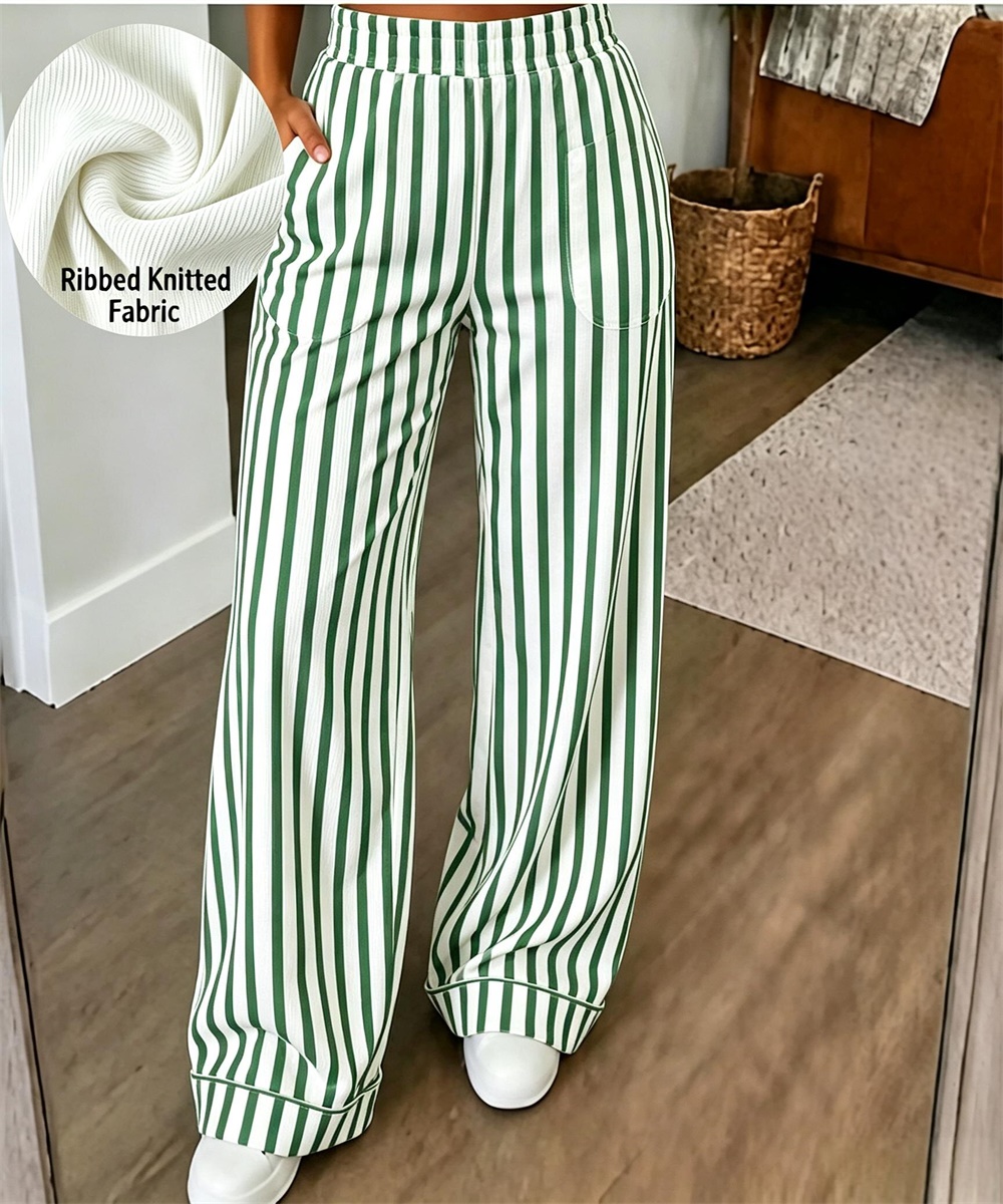 Women's Light Blue White Vertical Stripe Ribbed Knit Wide Leg Pants, Elastic High Waist Casual Trousers With Pockets photo 6