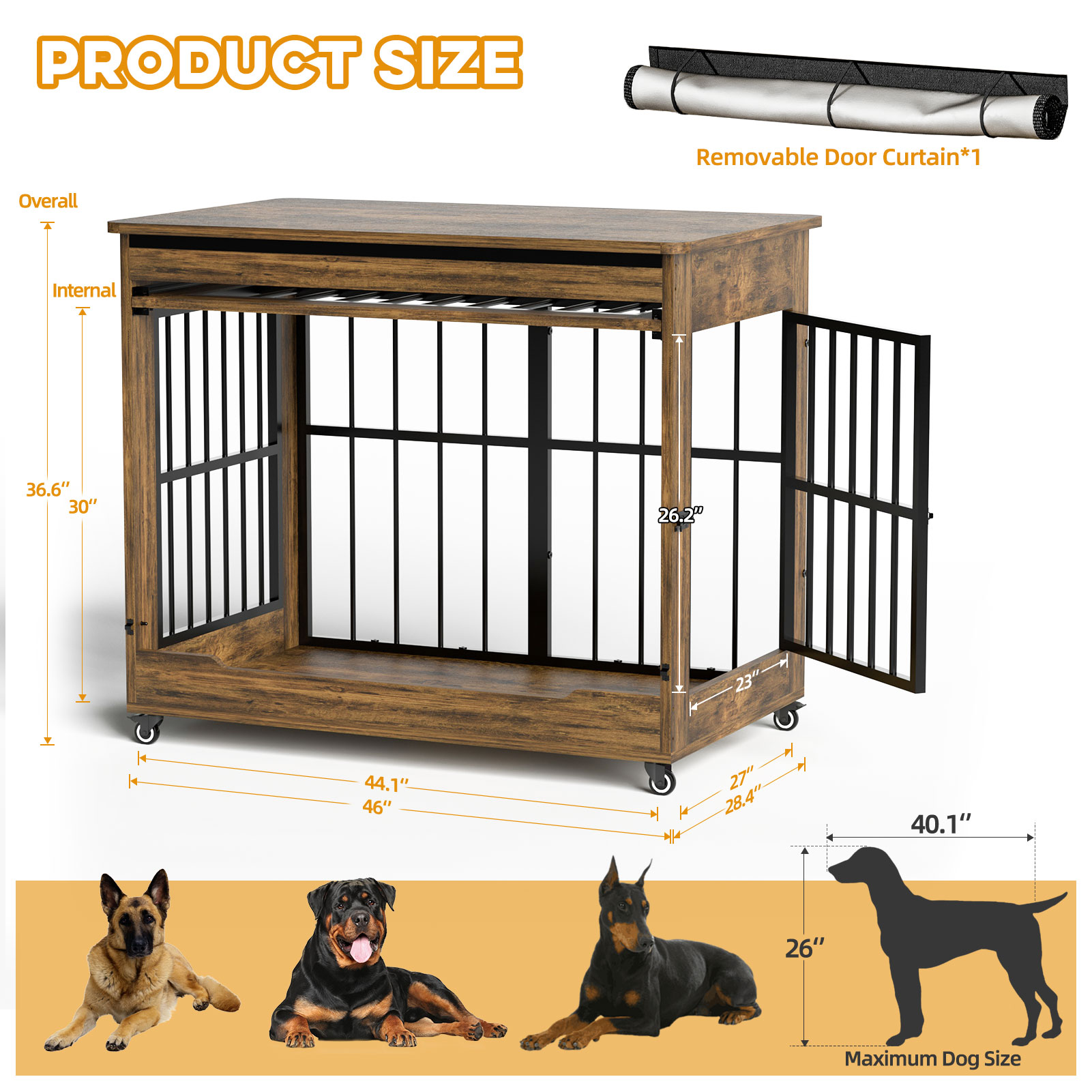 46in Large Dog Crate Furniture, Double Door Wooden Indoor Dog Kennel Furniture, Decorative Pet Cage End Table With Wheels For Extra Large Breed Dogs, Size 2XL, Greige photo 4