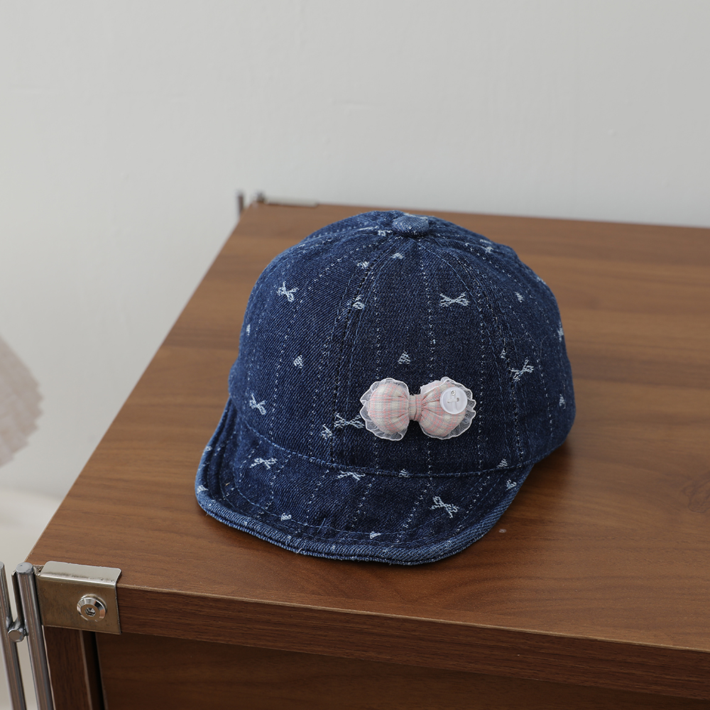 Striped Lace Bow Girl's Denim Baseball Cap, Baby-sized, Washed, Jacquard, Frayed, Heart-shaped Soft Brim Hat photo 4
