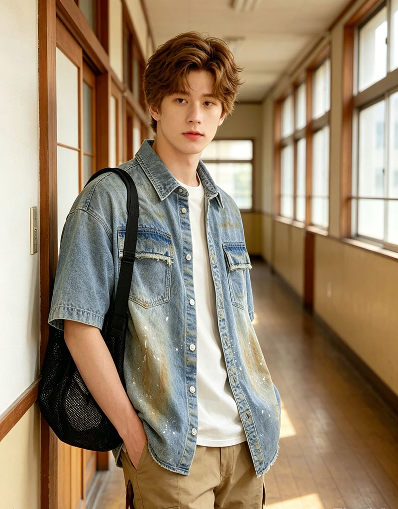 Oversized Denim Shirt Men Vintage Distressed Short Sleeve Streetwear Jean Top Ready To Ship From US photo 8