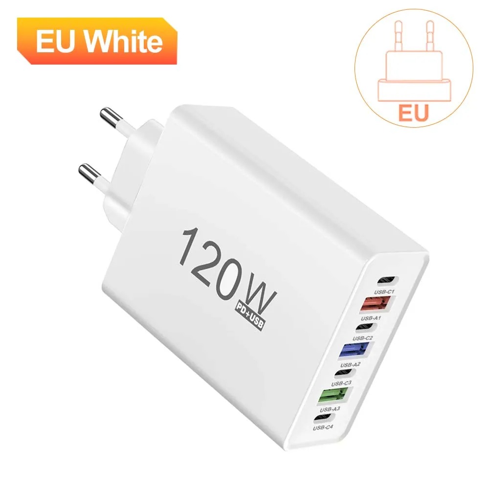 USB-C Charger, 120W Total Power, Multi-port Fast Charging, Type-C Interface, Compatible With IPhone, Samsung, Huawei, And Other Mobile Phones, European Standard Plug, Wall Charger. photo 4