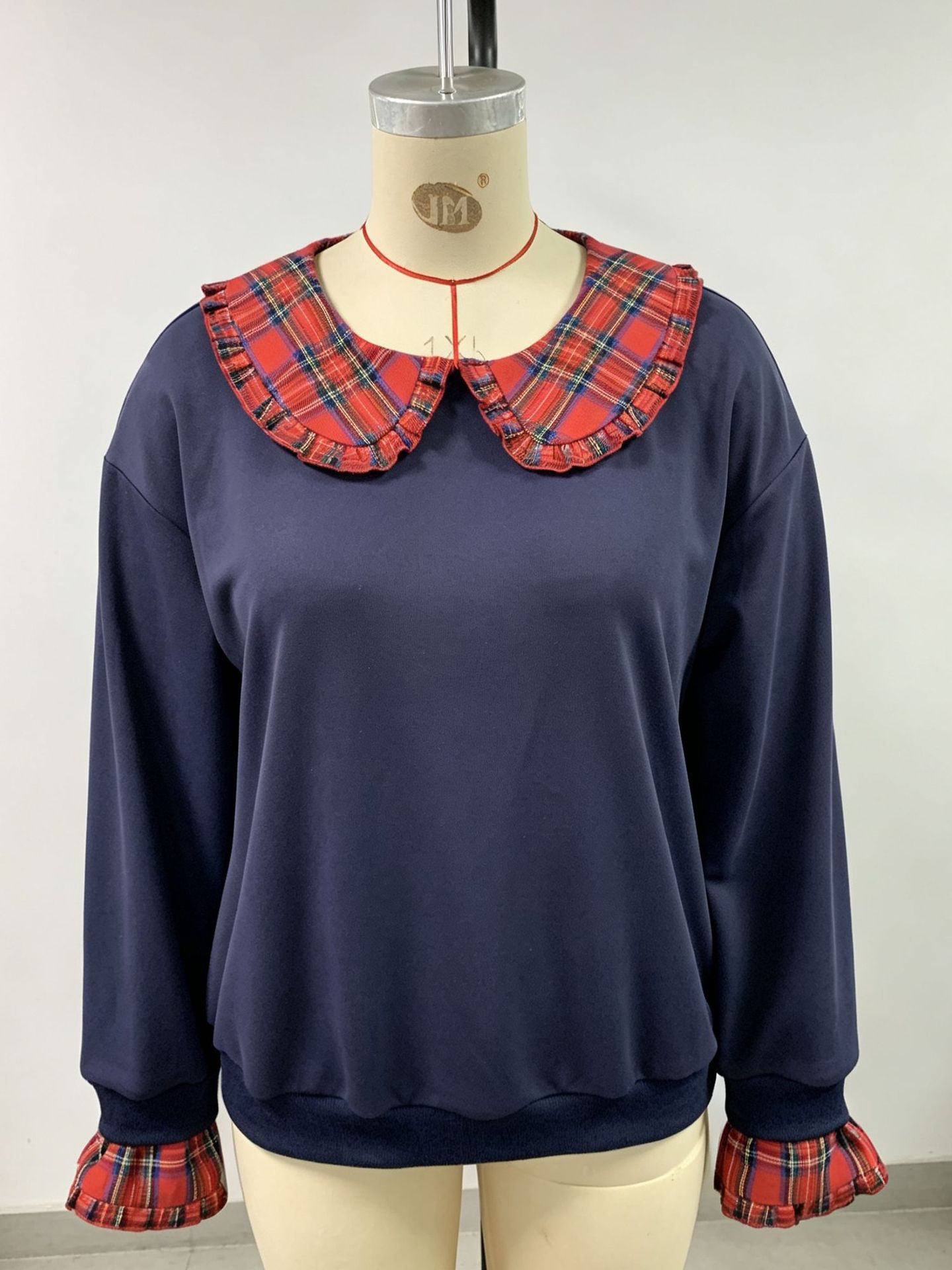 European And American Cross-border Foreign Trade, New Autumn Women's Clothing, Plaid Color-blocking Lace Large Collar Loose Casual Long-sleeve Top photo 3