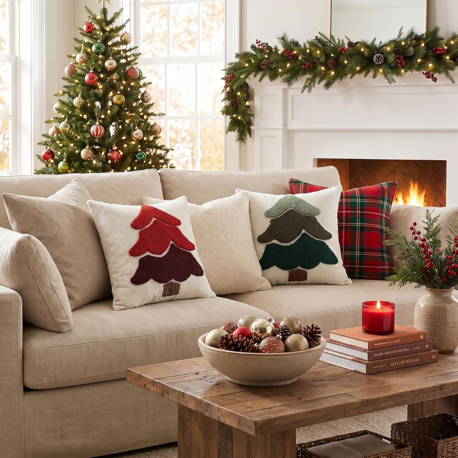 2Pcs Chenille Christmas Tree Pillow Covers 18x18, Red Holiday Decor photo 6