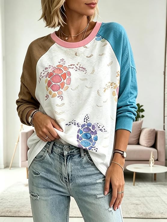 Women's Sea Turtle Print Raglan Sweatshirt Long Sleeve Casual Pullover Top photo 4