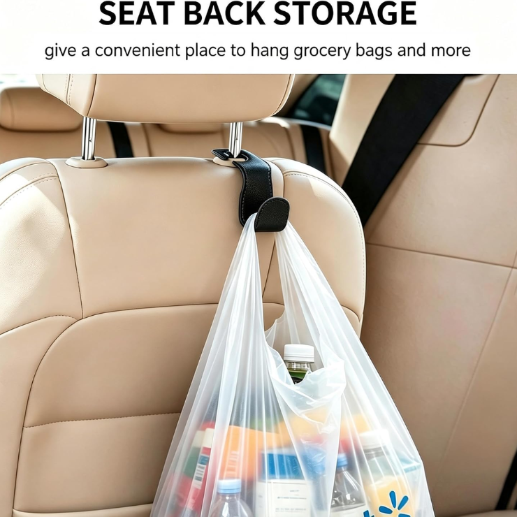 Headrest Hooks For Purses And Bags, 2 Pack Car Seat Hooks For Grocery Bag Handbag, Metal Car Purse Holder Covered By Leather, Black photo 3