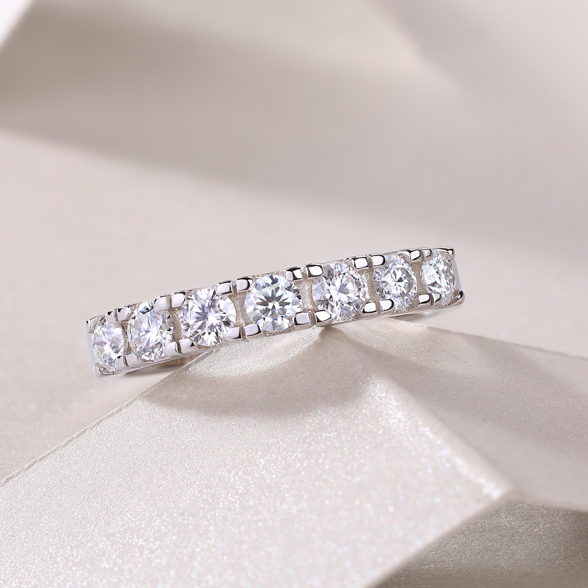 S925 Silver 1.7g Platinum Plated Moissanite Ring, 7x 3.0mm D VVS1 Half Eternity Band, GRA Certified US 5-9 photo 6