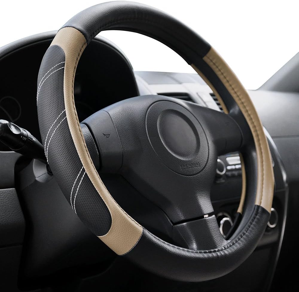 Sport Leather Steering Wheel Cover 14.5-15 Inch, Soft Padded Anti Slip Grip For Cars, Trucks, SUVs And Jeeps, Black Beige photo 1