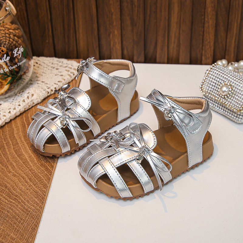 2026 Summer New Girls Sandals, Woven Style Sweet Bow Closed-Toe Sandals, Soft Sole Beach Shoes For Little Girls photo 5