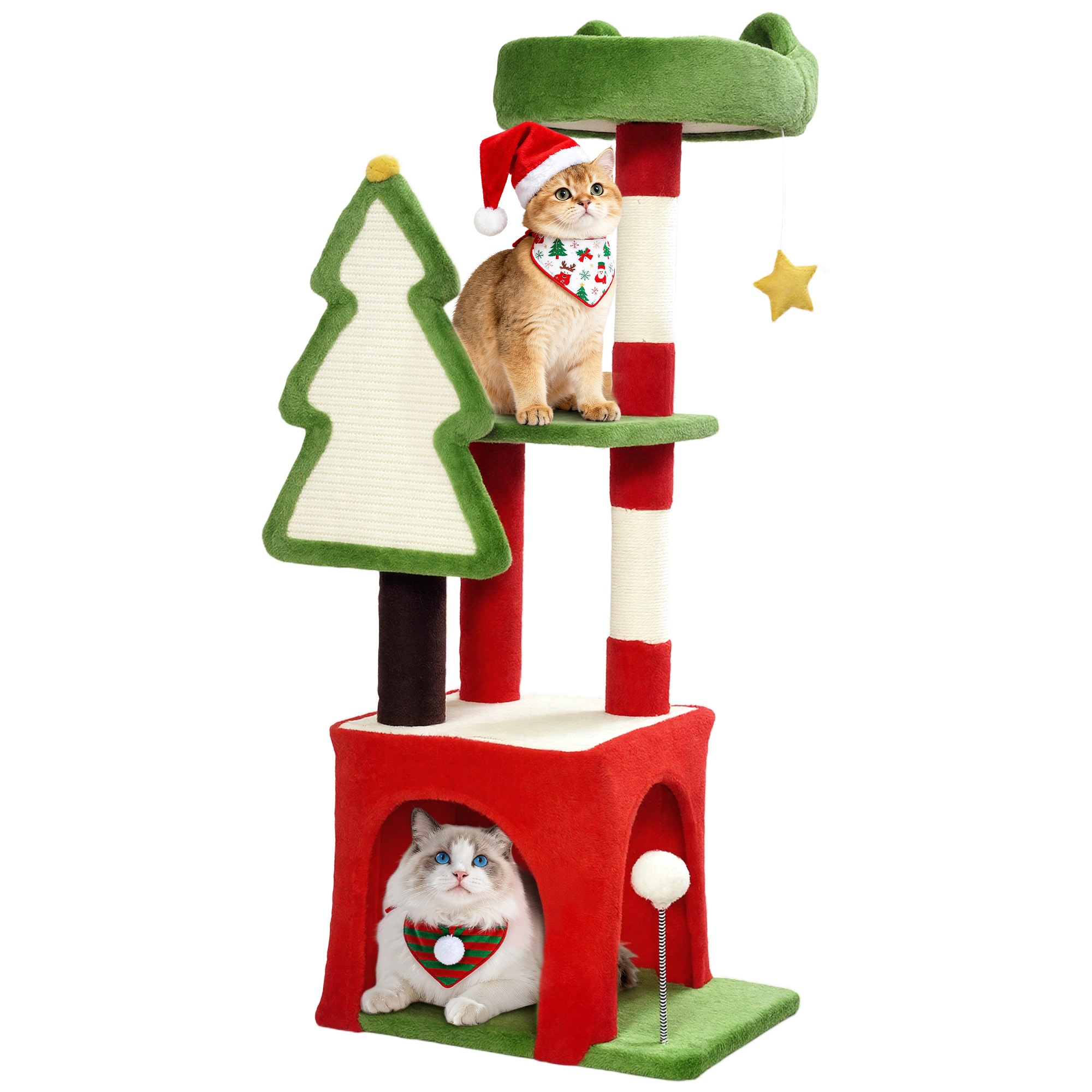 PawHut Christmas Cat Tree, 120cm Cat Tower With Scratching Post & Board, Platform, Toys, Green photo 1