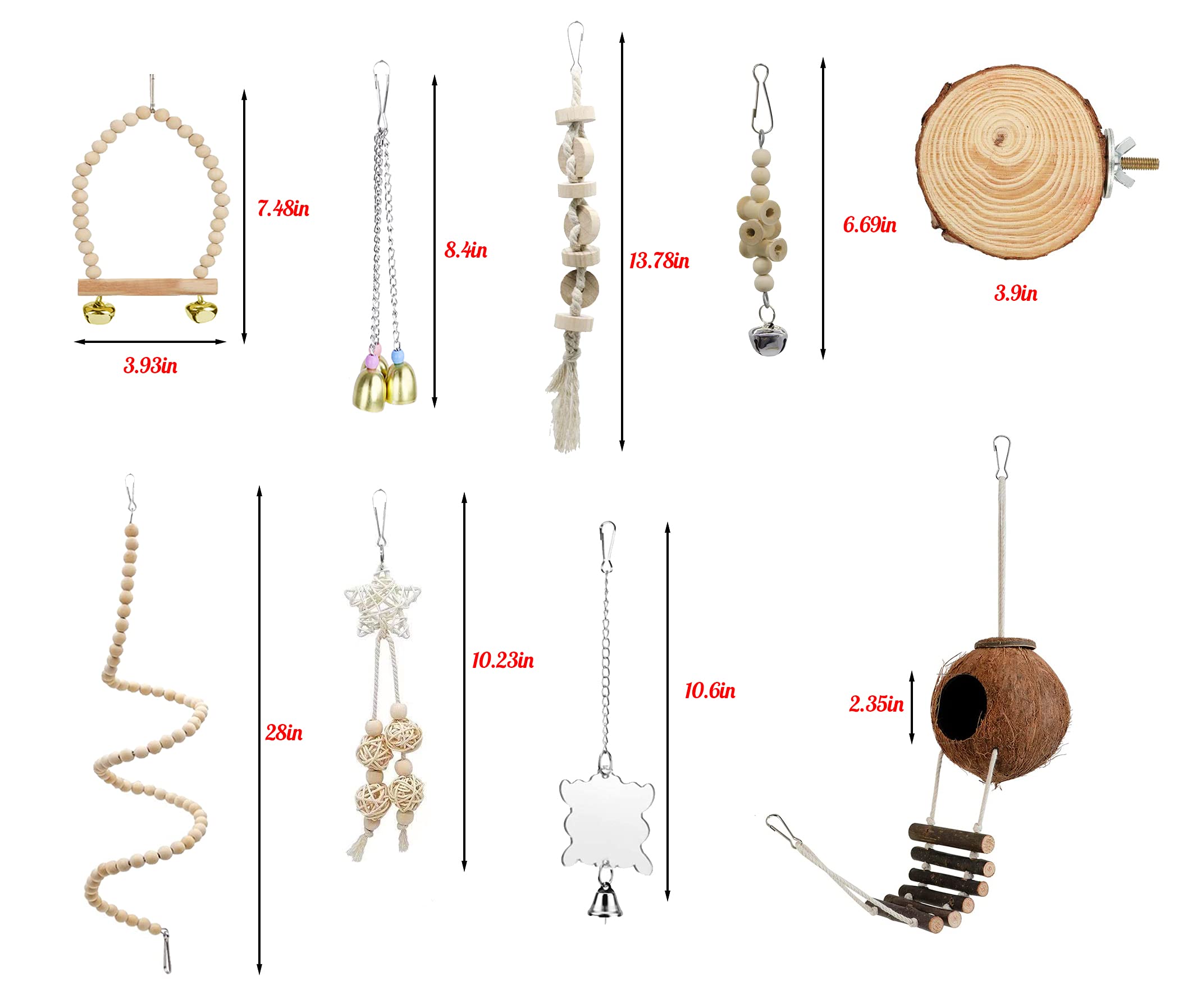 9-Piece Parakeet Toys & Budgie Toys, Bird Cage Accessories Set Natural Wood Bird Toys Include Coconut Hideaway, Swing, Ladder, Perch, Mirror And Hanging Toys For Budgies & Cockatiels photo 3
