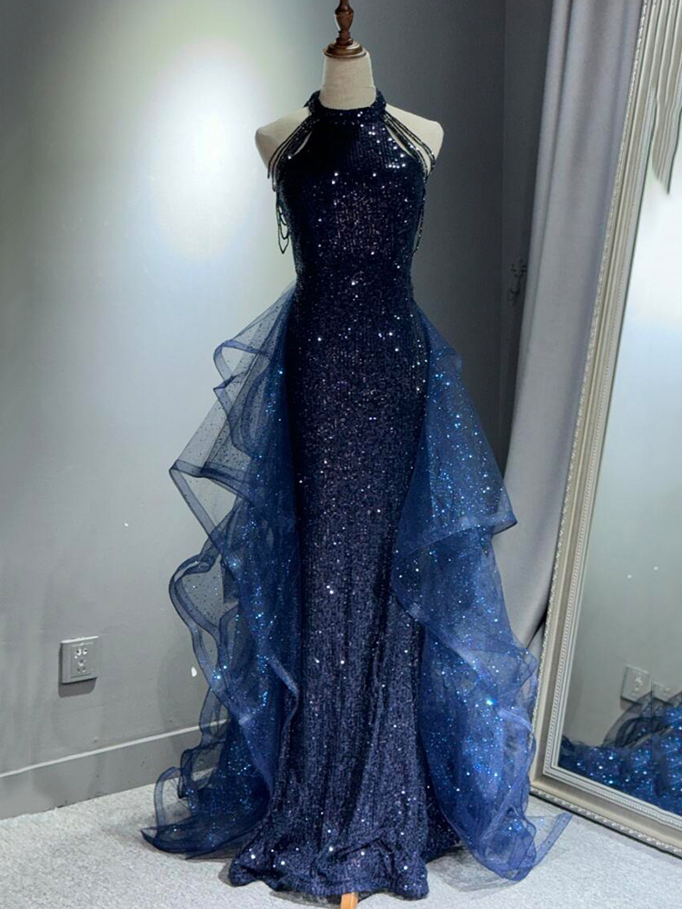 Sequin Halter Beaded Strap Mermaid Ruffle Tulle Train Evening Gown photo 1
