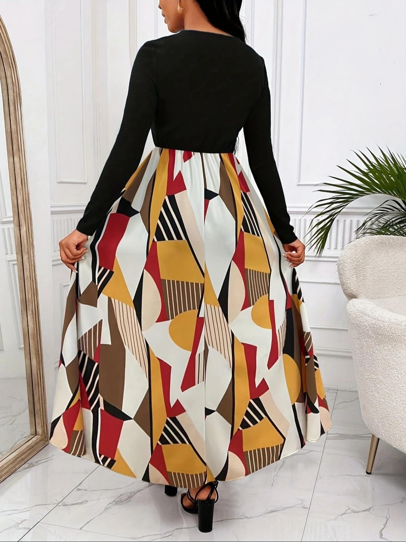 Women V Neck Long Sleeve Midi Dress Color Block Geometric Print Flowy A Line Dress For Party Daily Vacation photo 5