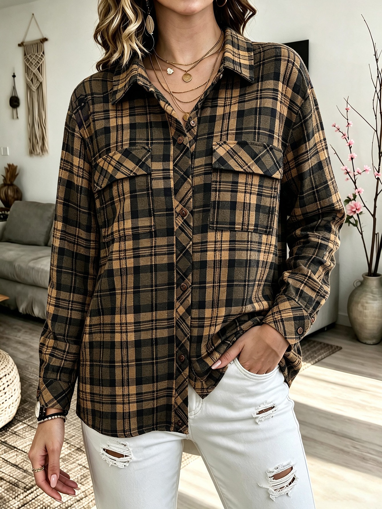 Women Plaid Flannel Shirt Jacket Long Sleeve Lapel Button Down Shackets With Chest Pockets For Fall photo 4
