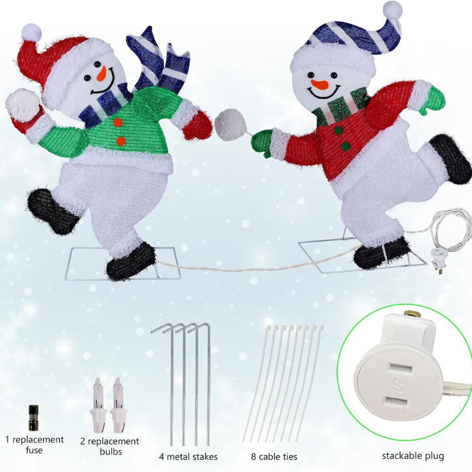 Set Of 2 Lighted Snowmen Christmas Decorations, Pre Lit 2D Tinsel Cute Snowman Snowball Fight With Lights, Light Up Plug In For Indoor Outdoor Xmas Winter Holiday Yard Lawn Garden Decor photo 5
