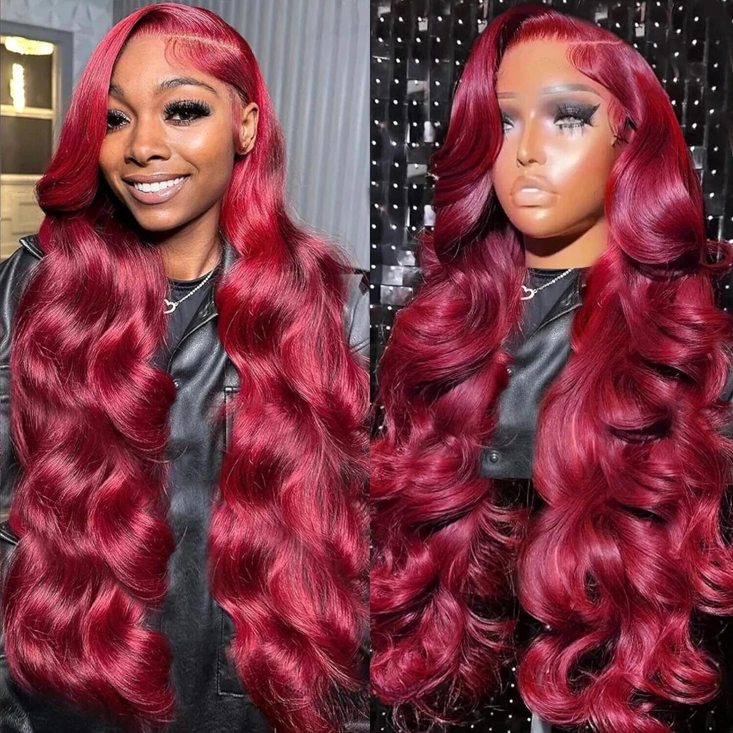13x6 Lace Front Human Hair Wig Burgundy Red Body Wave, Density, 22 Inches photo 1