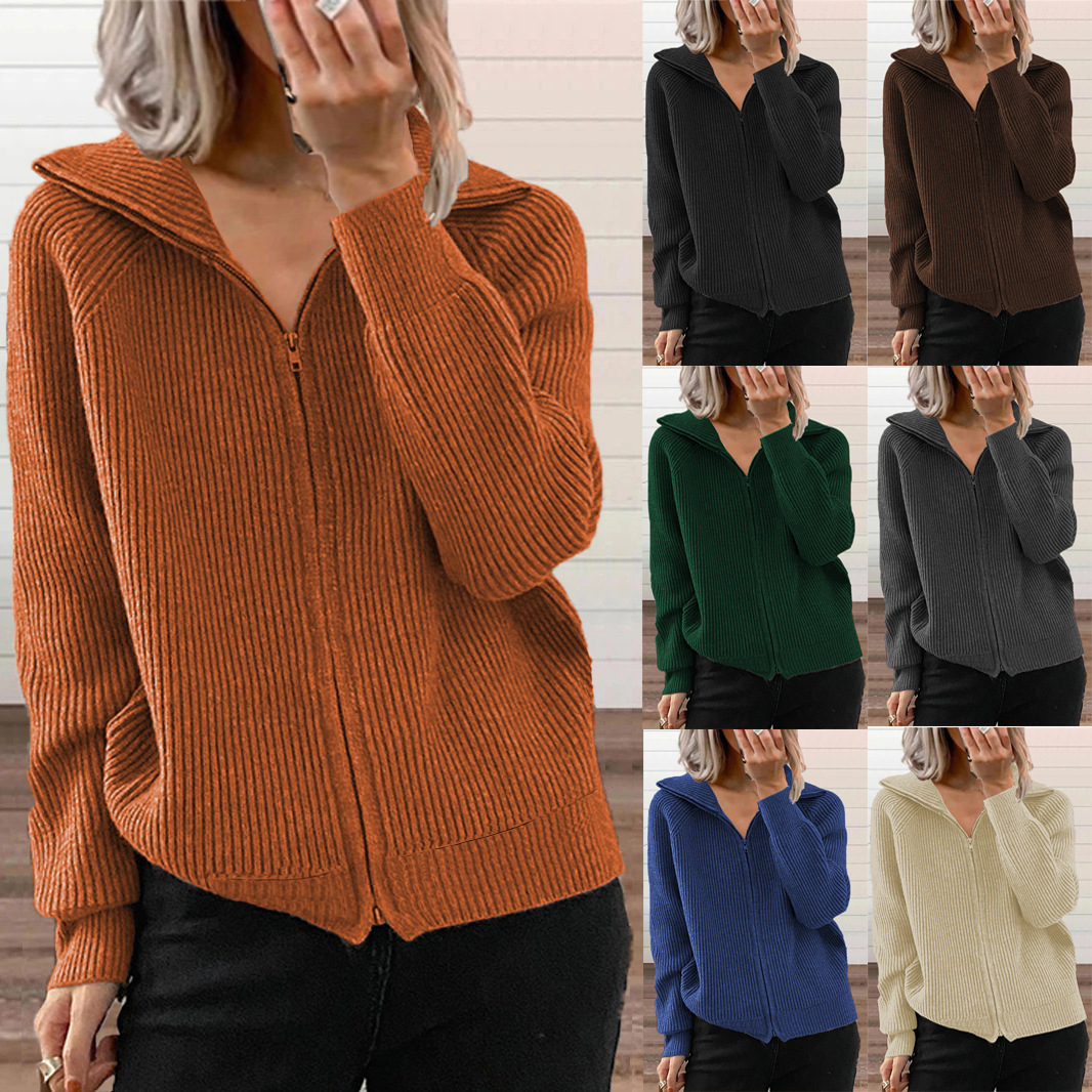 European And American Cross-border Fall And Winter New Style Striped Casual Jackets, Loose Knitted Tops With Zippers, Long-sleeved Lapel Sweaters For Women, Available In 6 Colors. photo 1