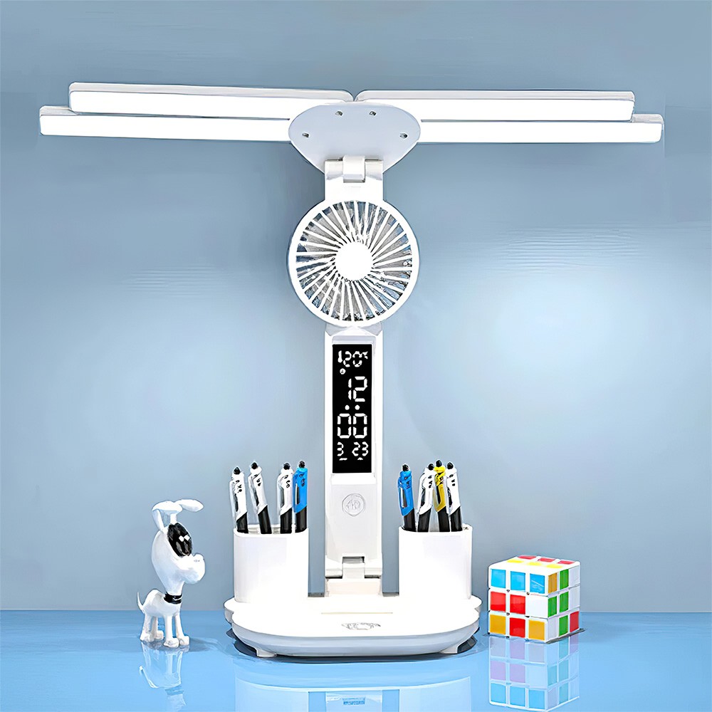 4-Head LED Desk Reading Lamp With Fan Clock Dimmable Rechargeable Touch Light photo 5