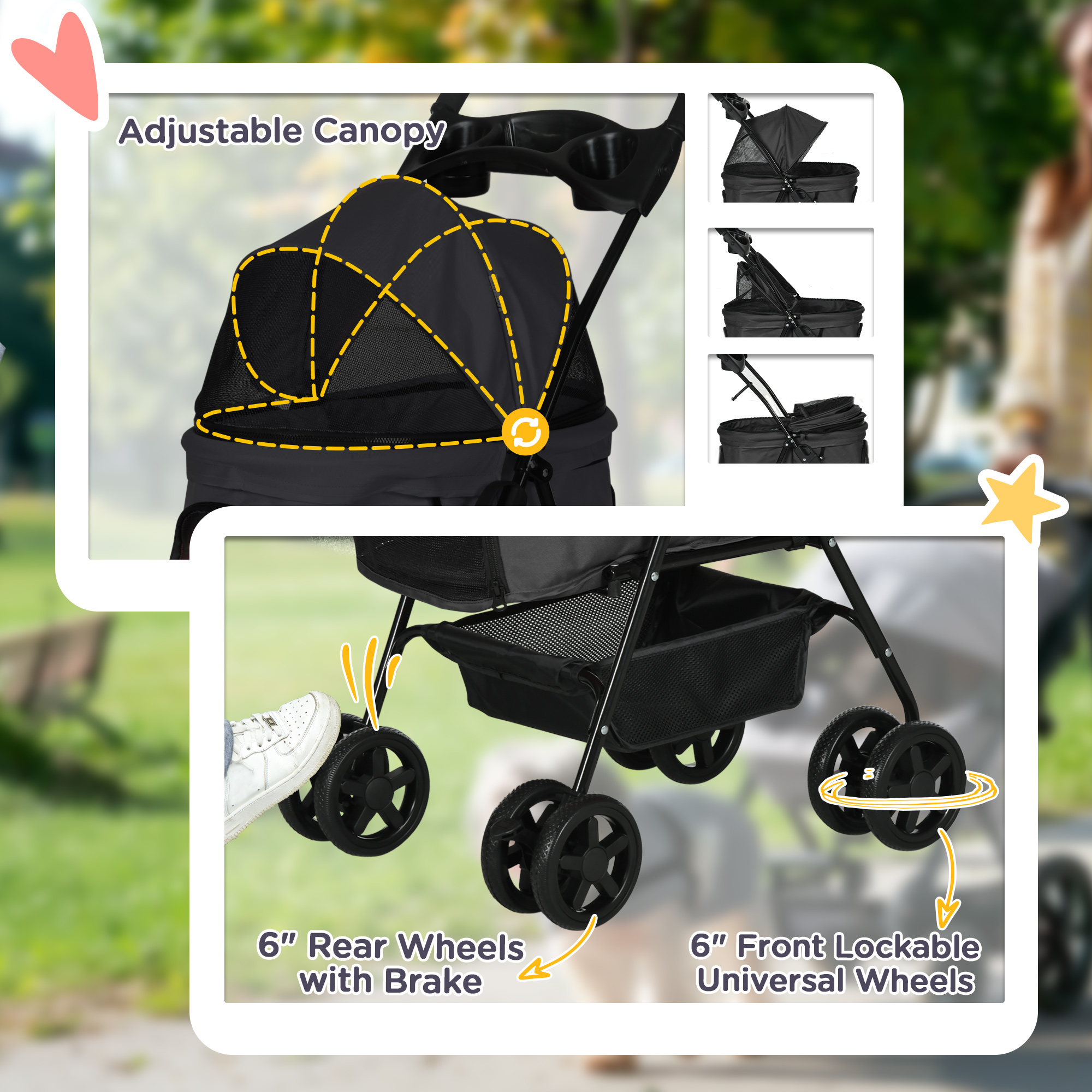 PawHut Dog Pram Dog Stroller Foldable Pet Pushchair With 4 Wheels, Safety Leashes, Cup Holder For Small Dogs, Black photo 4