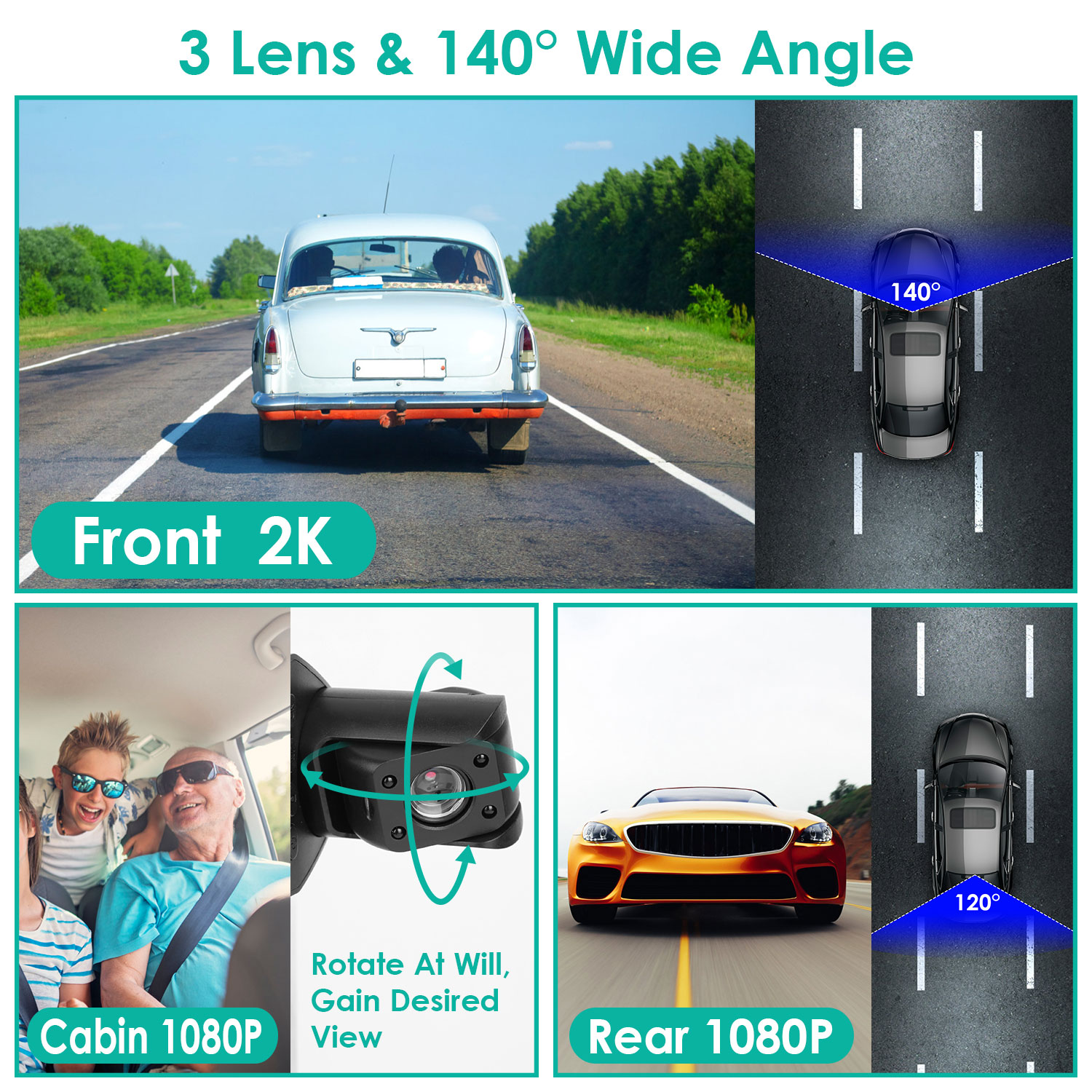 2K Car DVR 3 Channel Dash Cam Camcorder Camera Recorder With 140 Degree Angle GPS WiFi Night Vision G-sensor Loop Recording Parking Monitor photo 6