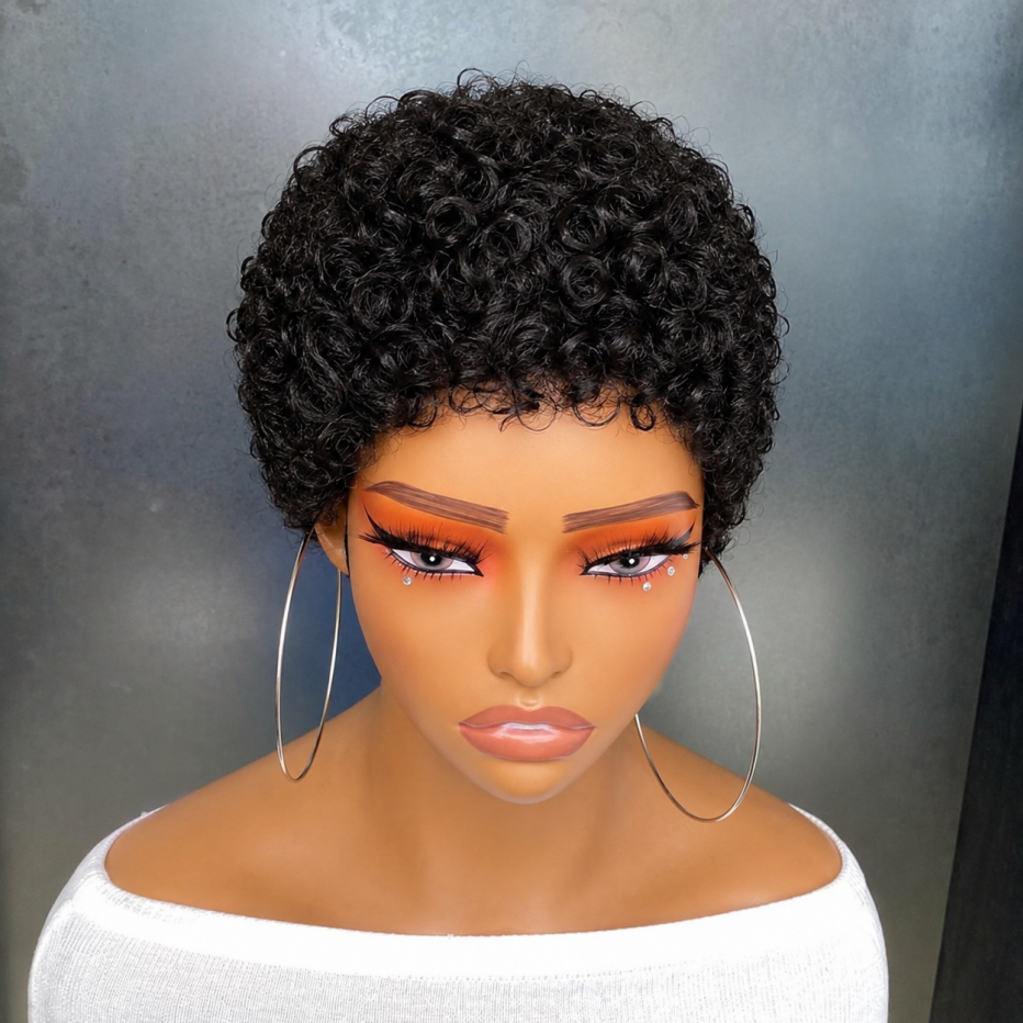 Pixie-style Human Hair Wig, Natural Color, Jerry Curly Texture, 4-inch Length. photo 8