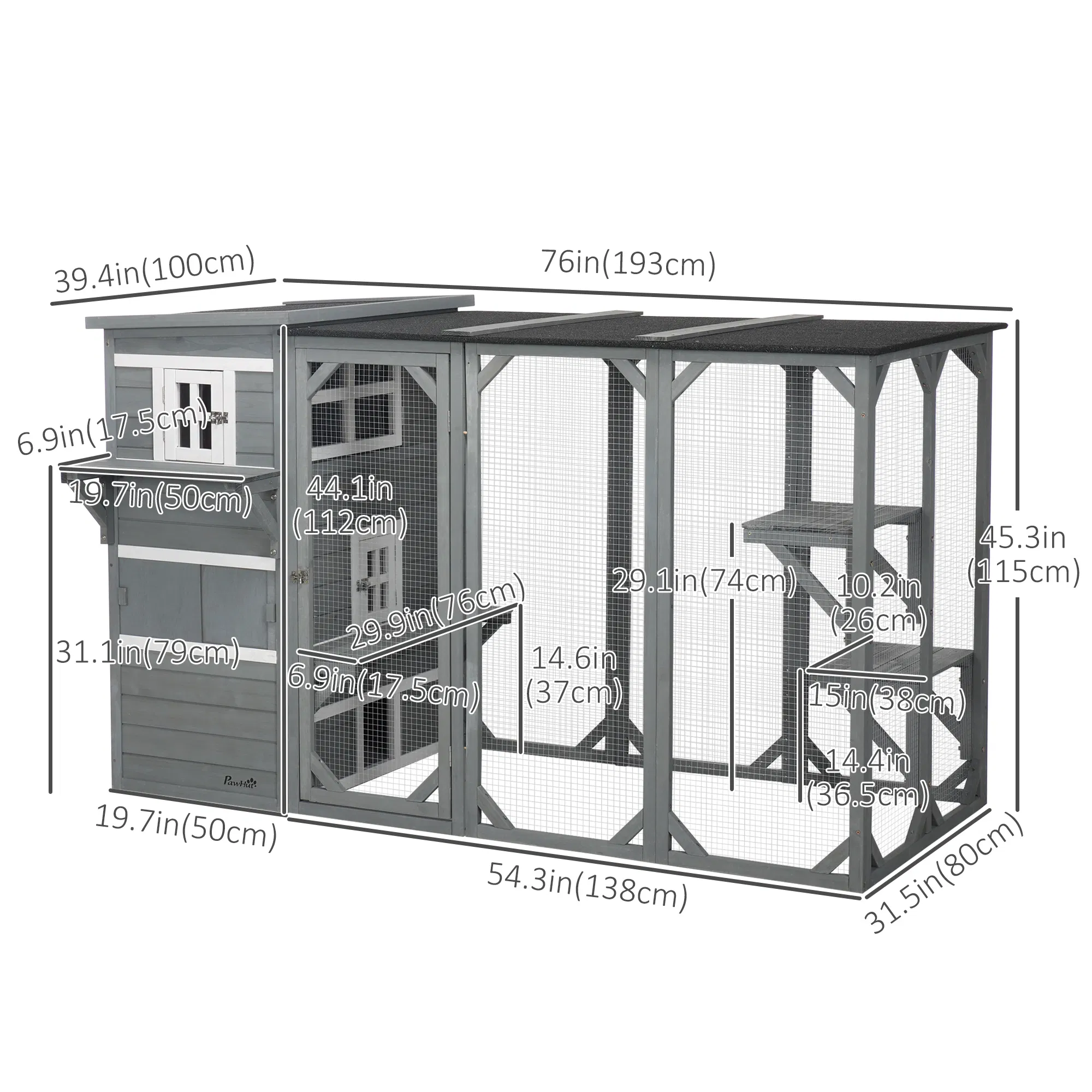 Wooden Cat Catio, 76"L Walk in Outdoor Cat House with Asphalt Roof, Platforms, Lockable Doors, 3-tier Resting Condo, Observation Window, for 2-3 Cats, Light Grey photo 2