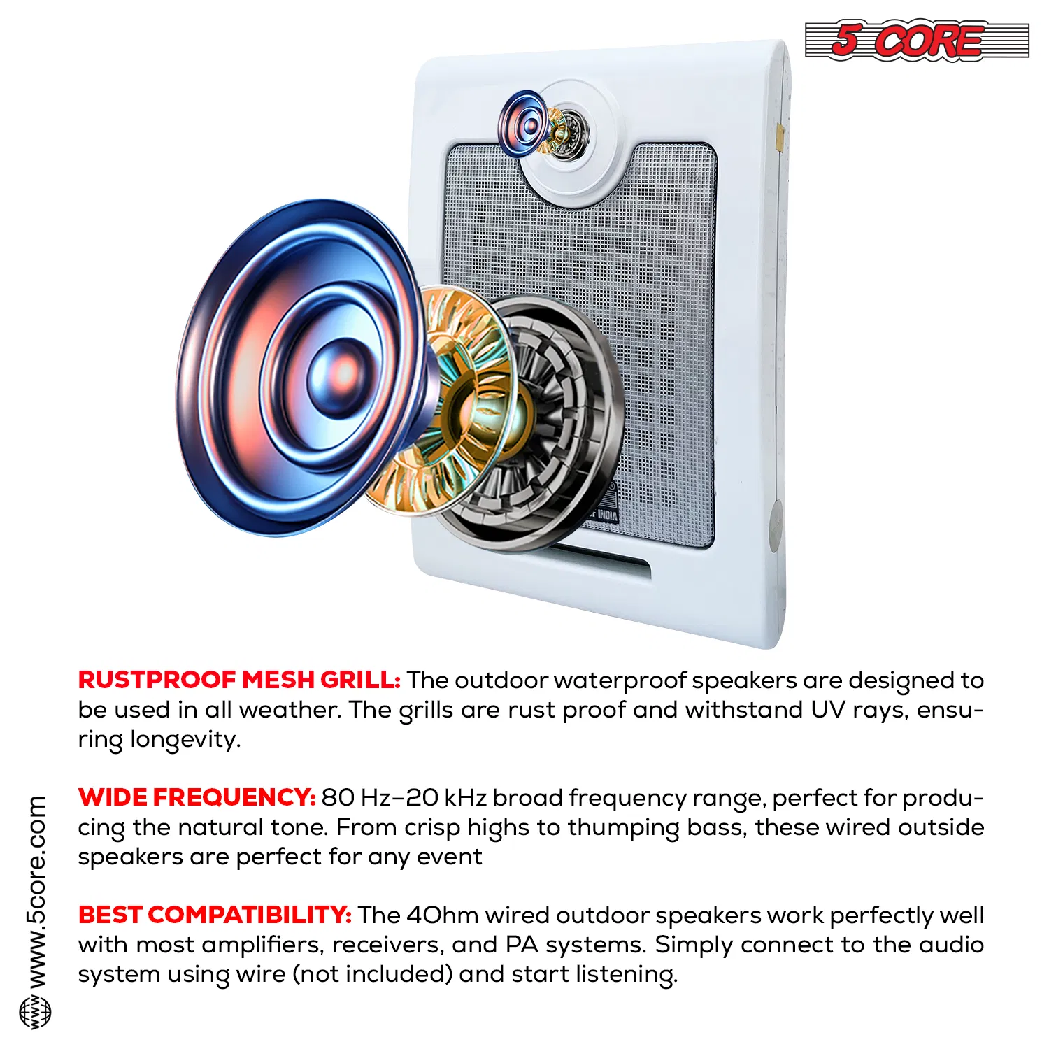 5Core Wall Mount Speakers 2Way Passive 500W/100W Outdoor Wired Audio System photo 4