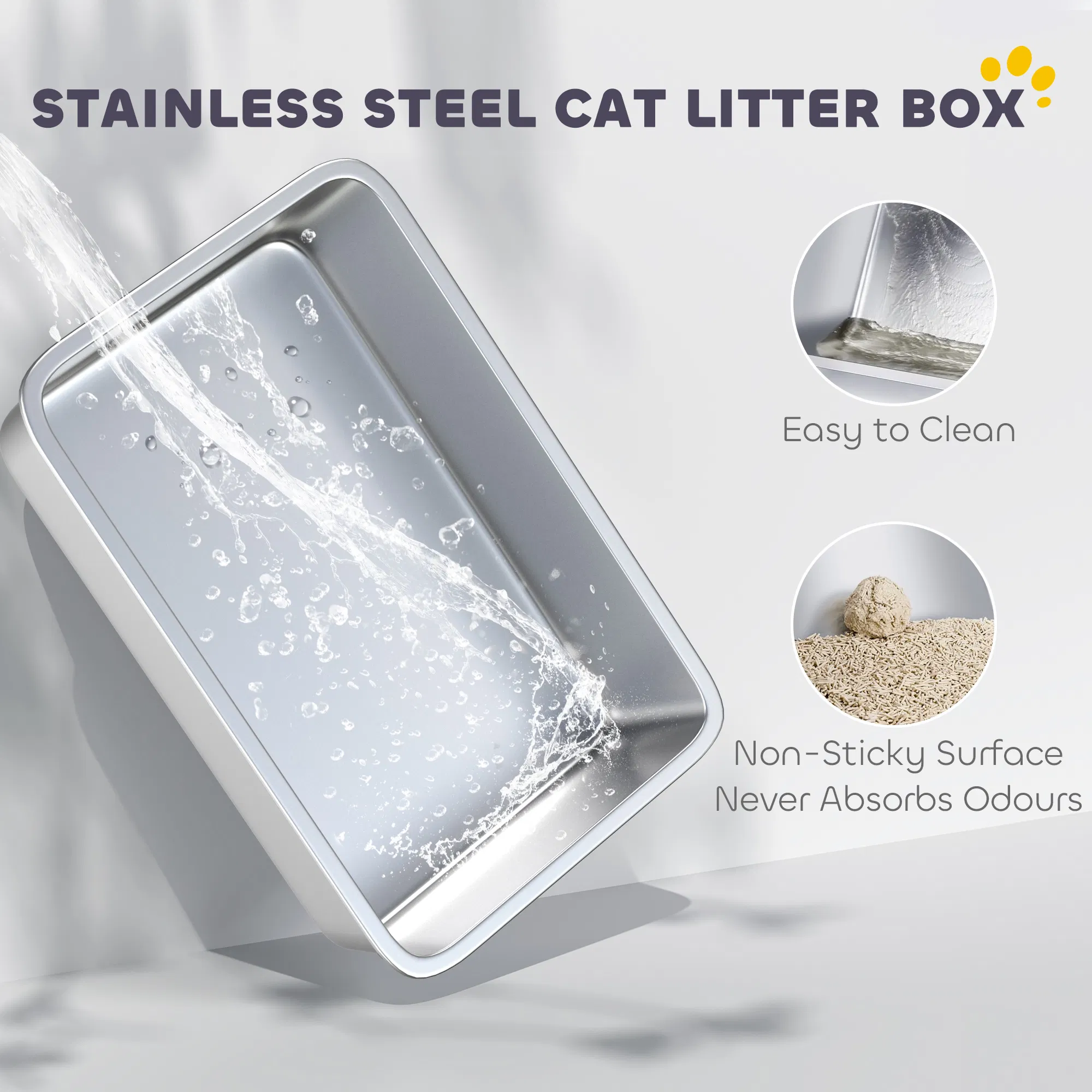XL Stainless Steel Cat Litter Box for Big and Multiple Cats with High Wall Side, Scoop, Easy Cleaning & Odor Free photo 2
