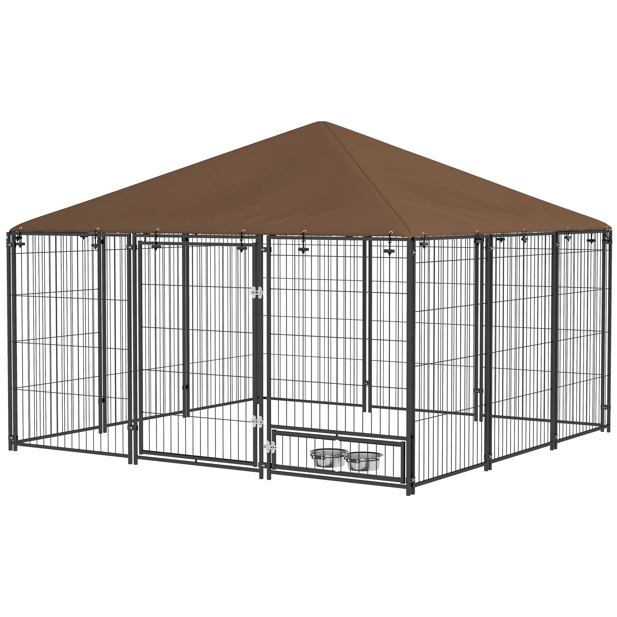 6.9' x 6.9' x 5' Outdoor Dog Kennel with Canopy, Rotating Bowls, Coffee photo 1