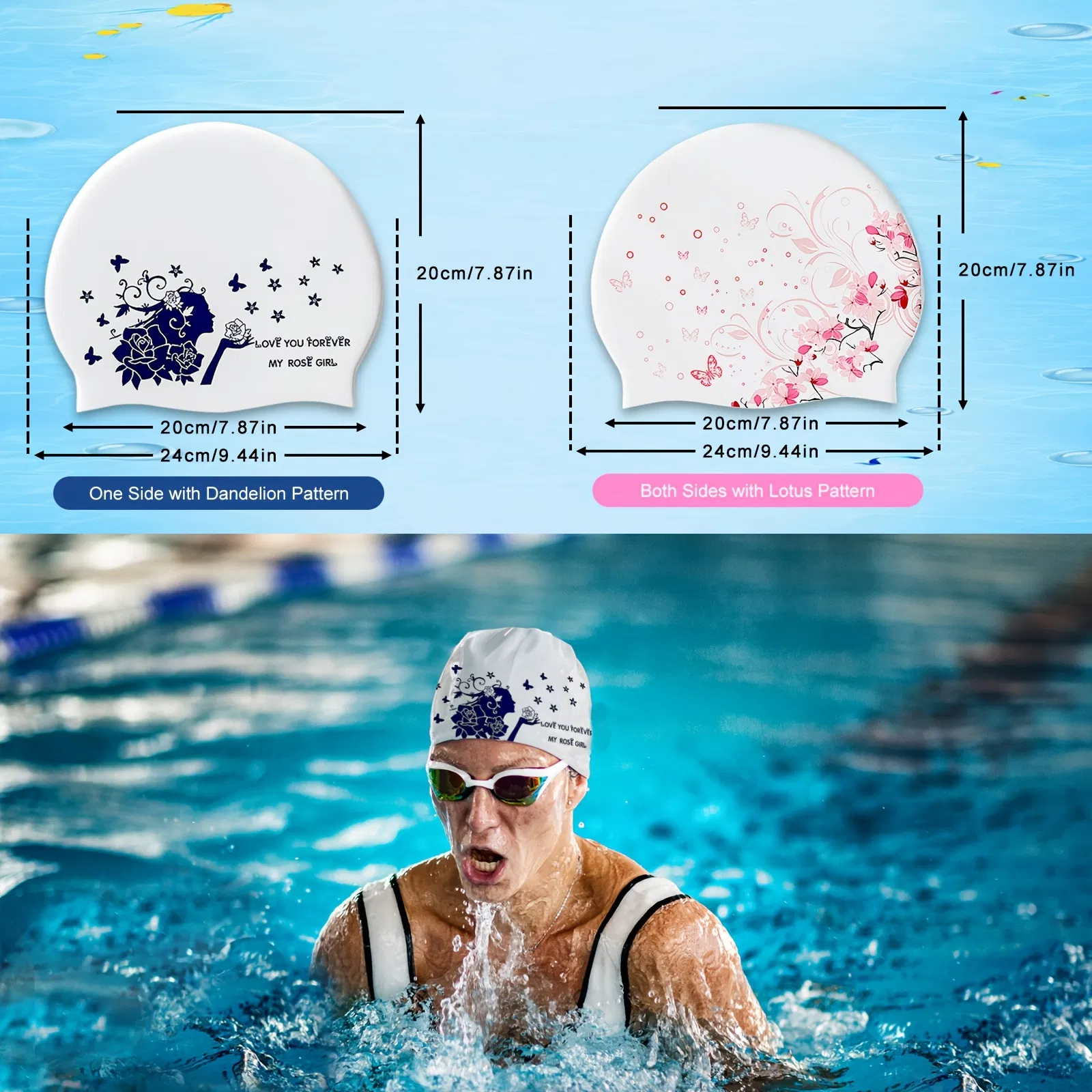 2pcs Silicone Swim Cap for Women Men, High Elasticity Comfortable Non-Slip Swimming Cap for Girls & Boys, Durable Waterproof Swim Hats for Long and Short Hair, Keep Hair Dry photo 4