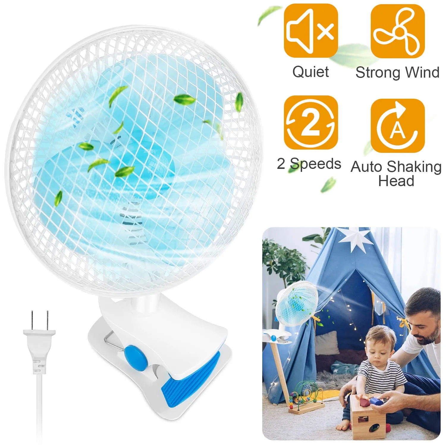 2 Speed Quiet Clip Fan, Auto Oscillation Personal Fan, Anti-Pinch Design Small Fan for Desk Wall Stroller Office Bedroom photo 1