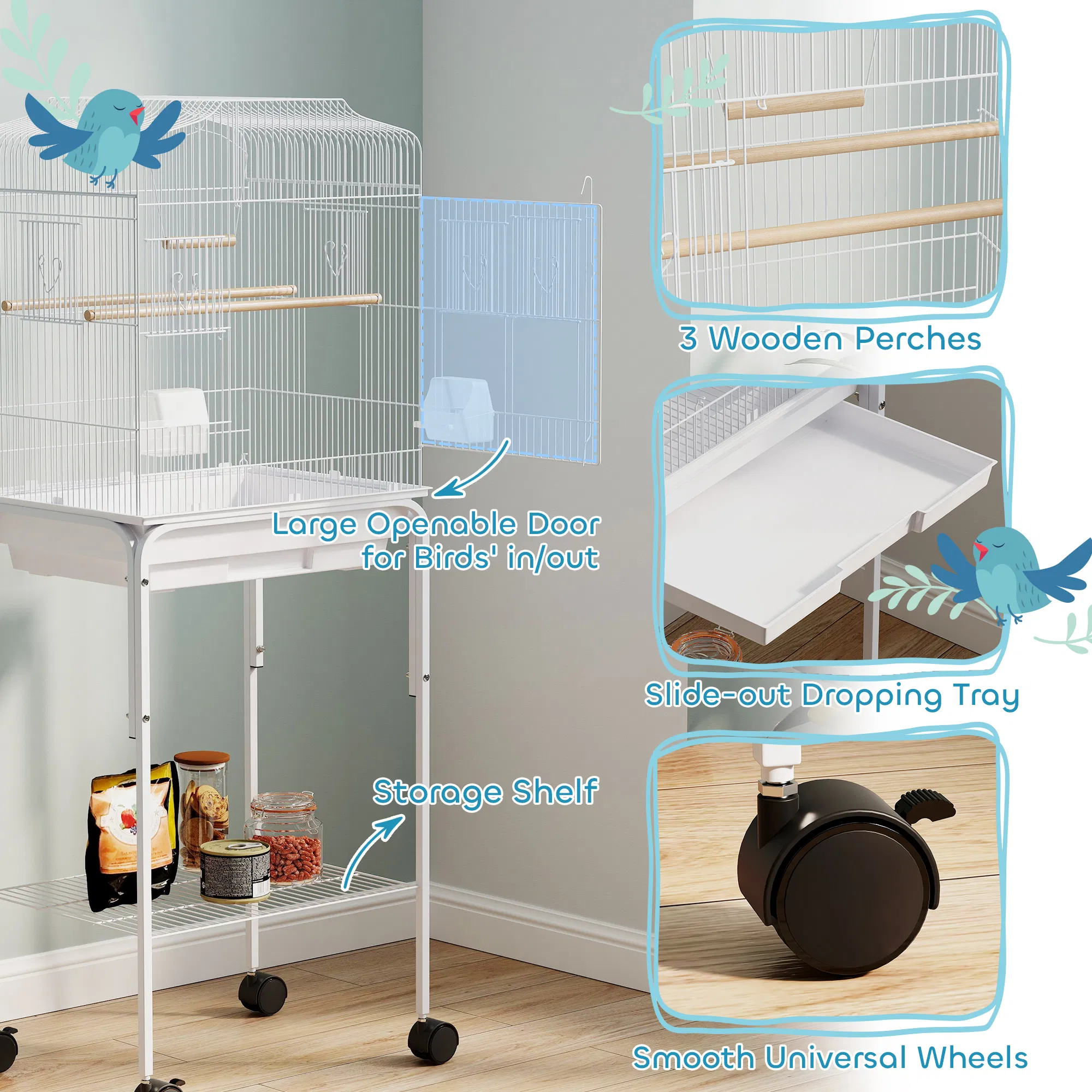 49" Rolling Bird Cage Cockatoo House Play Top Finch Pet Supply with Storage Shelf, Wheels - White photo 2