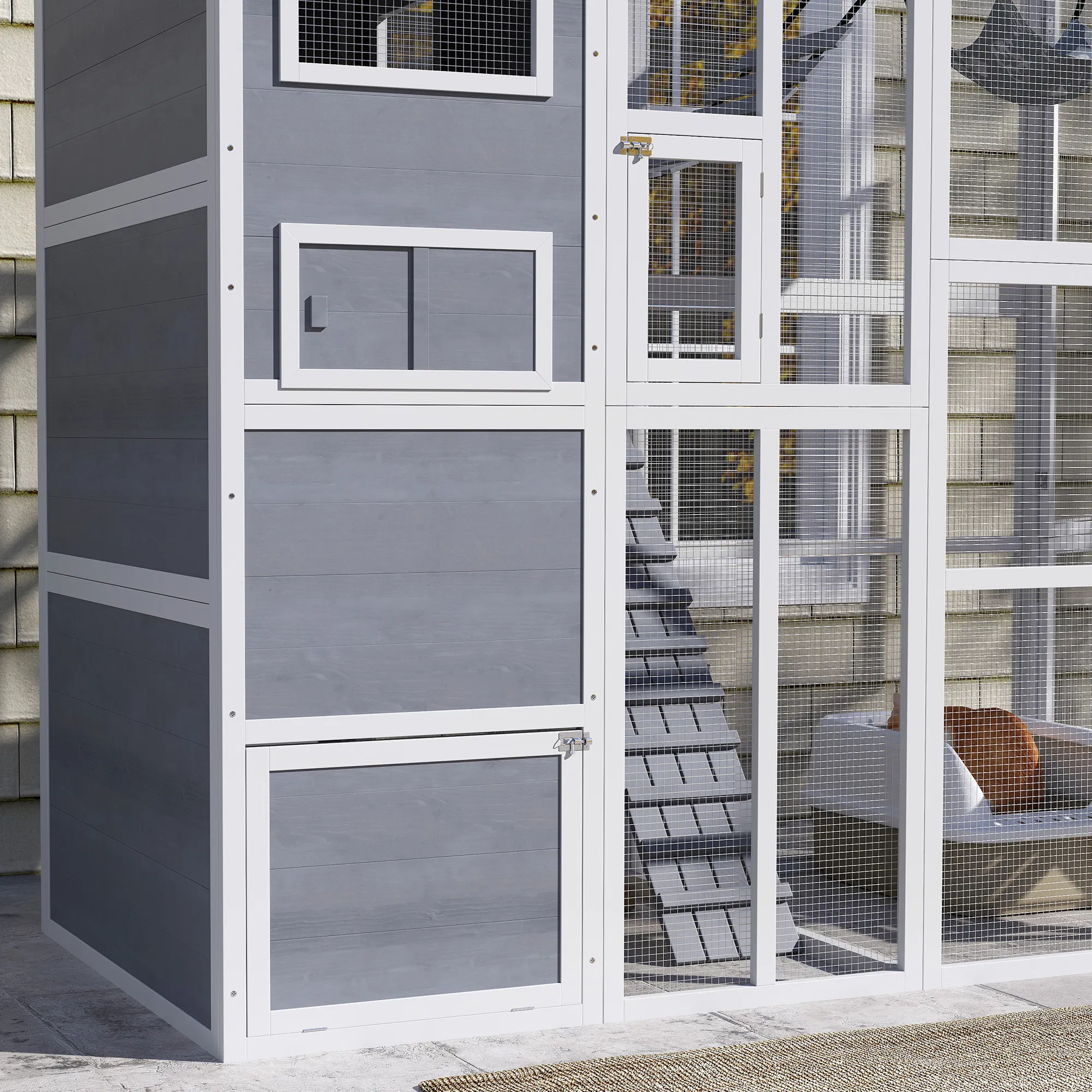 76" Catio Outdoor Cat Enclosure with Cat Condo, Jumping Platforms, Ladder, Ramps, Hammock for 2-3 Indoor Cats, Grey photo 4