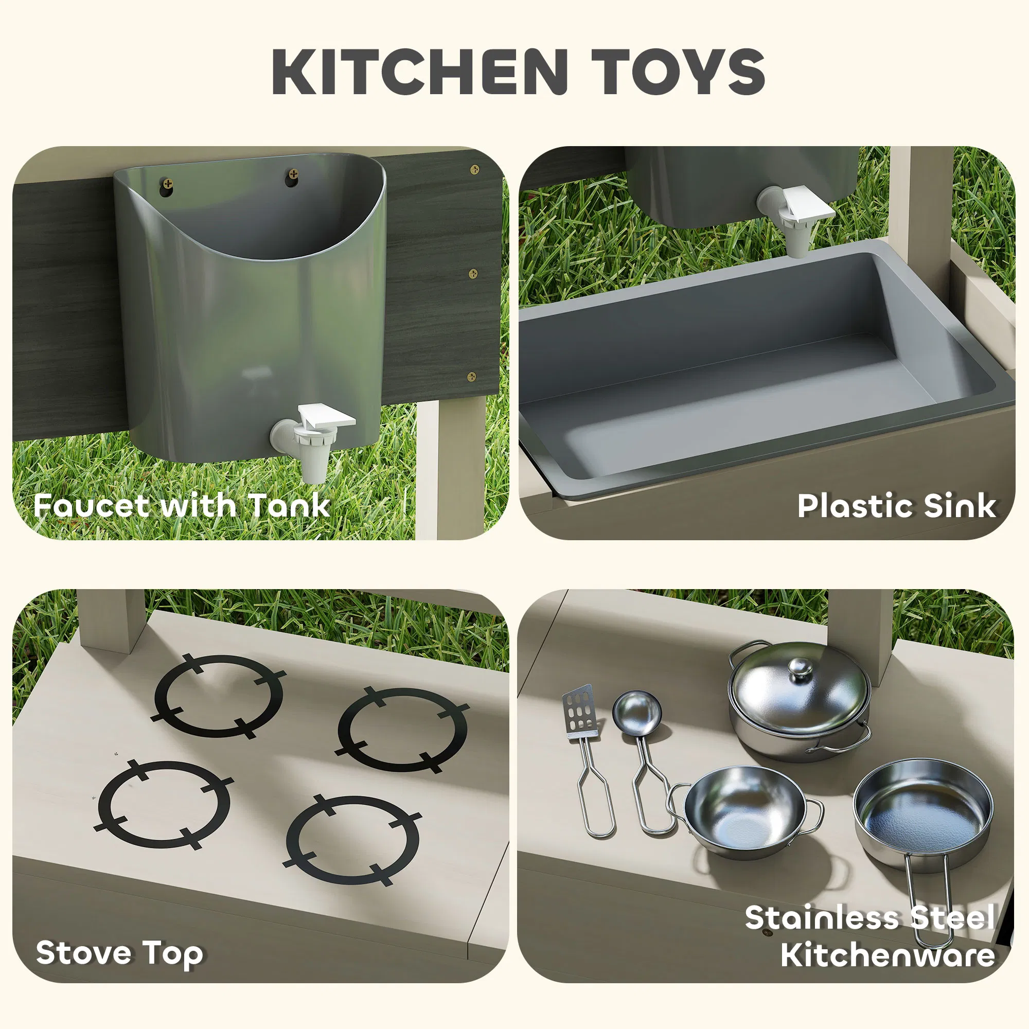 Kids Sandbox with Cover Kitchen Playset Toys, Wooden Sand Box with Seat, Storage, for 3-7 Years Old, Grey photo 3