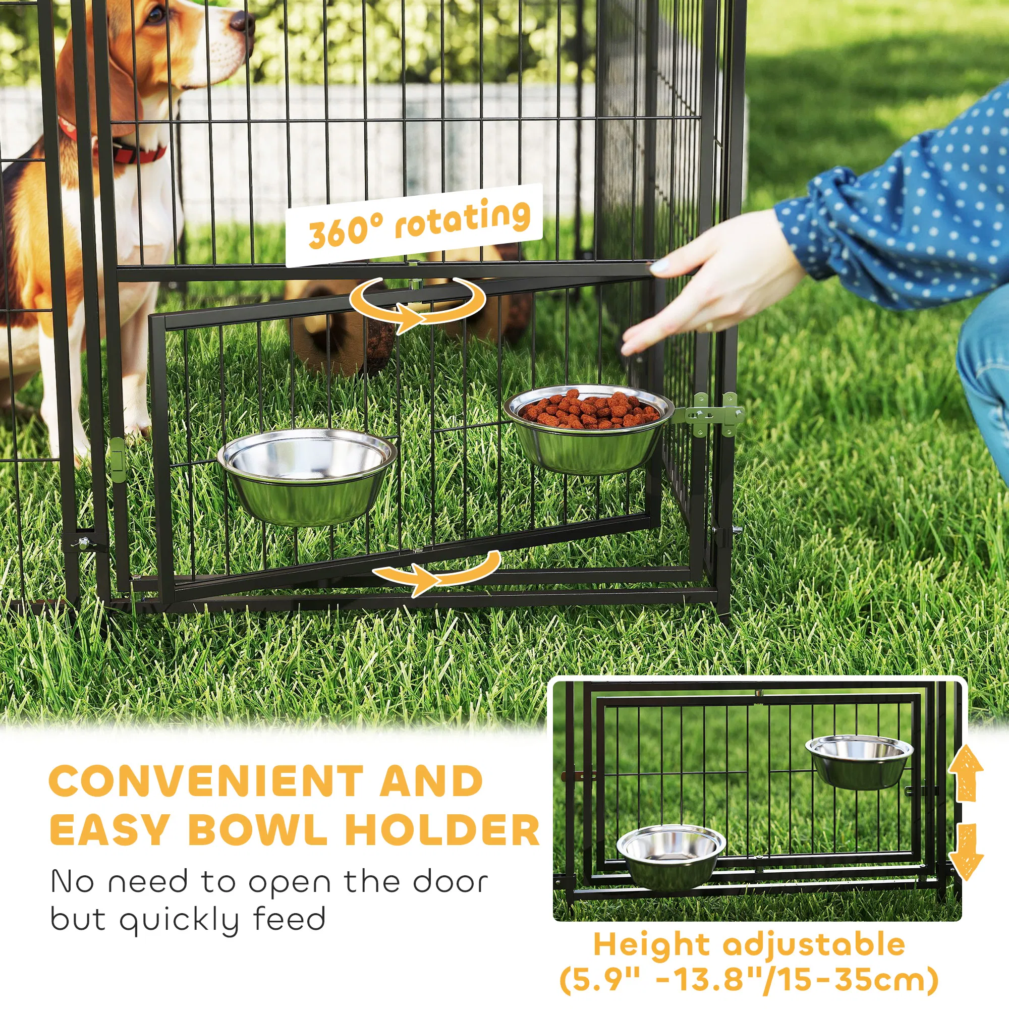 Outdoor Dog Kennel with 2 Rooms, Rotating & Adjustable Height Bowls, Waterproof UV-Resistant Cover, 16.2' x 4.7' x 5.1' photo 6