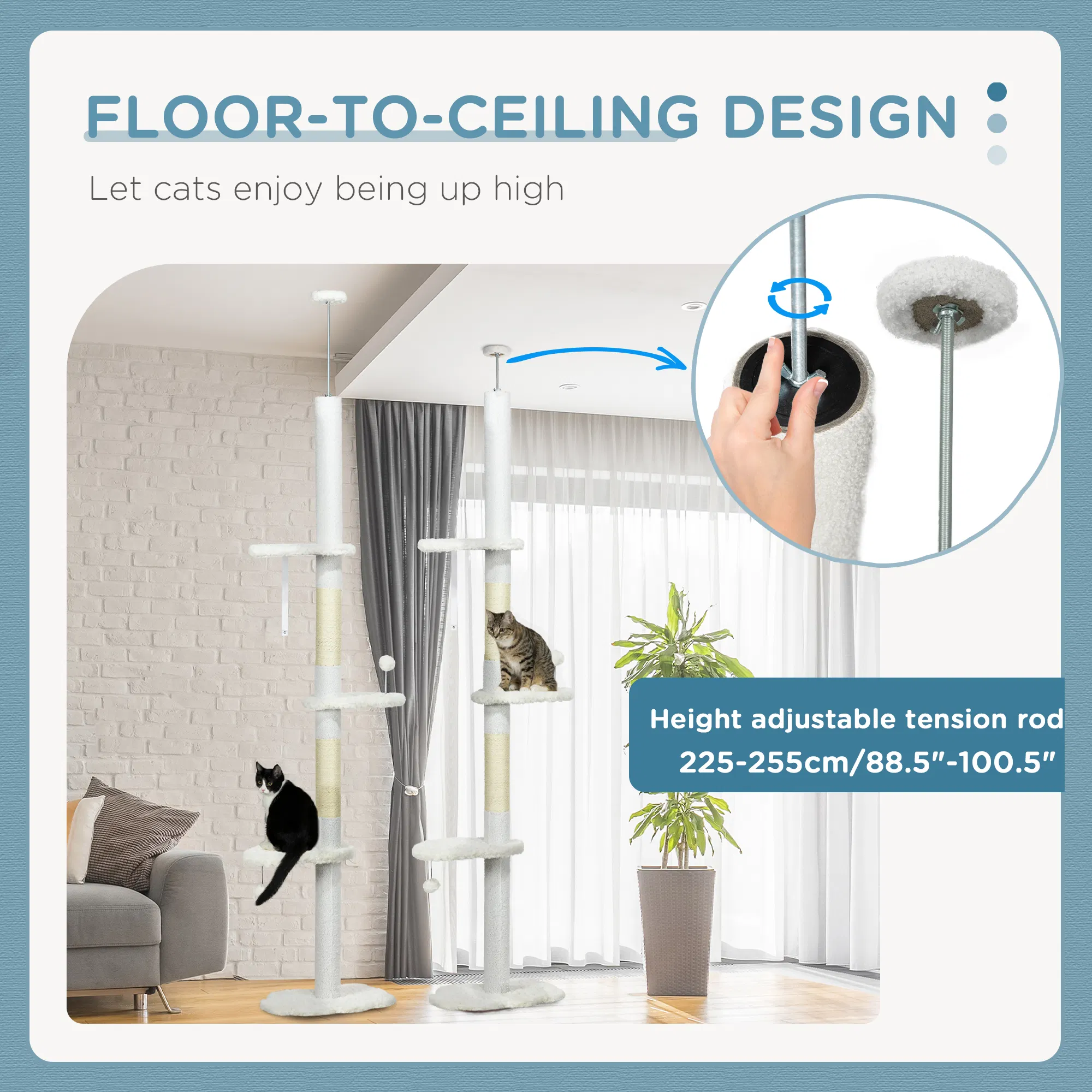 88.5"-100.5" Floor to Ceiling Cat Tree, Cat Tower with Scratching Posts, Cloud Shaped Platforms, Dangling Balls, White photo 5