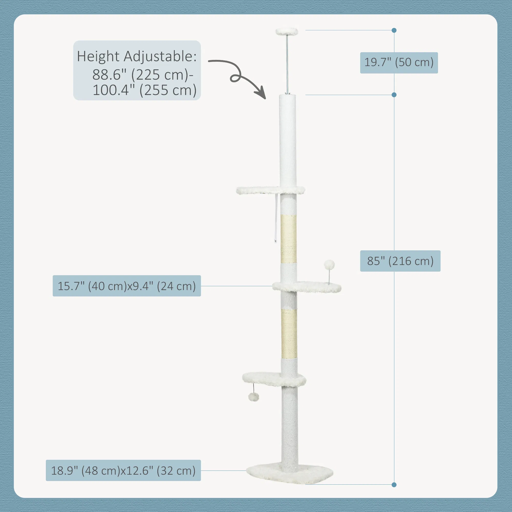 88.5"-100.5" Floor to Ceiling Cat Tree, Cat Tower with Scratching Posts, Cloud Shaped Platforms, Dangling Balls, White photo 2