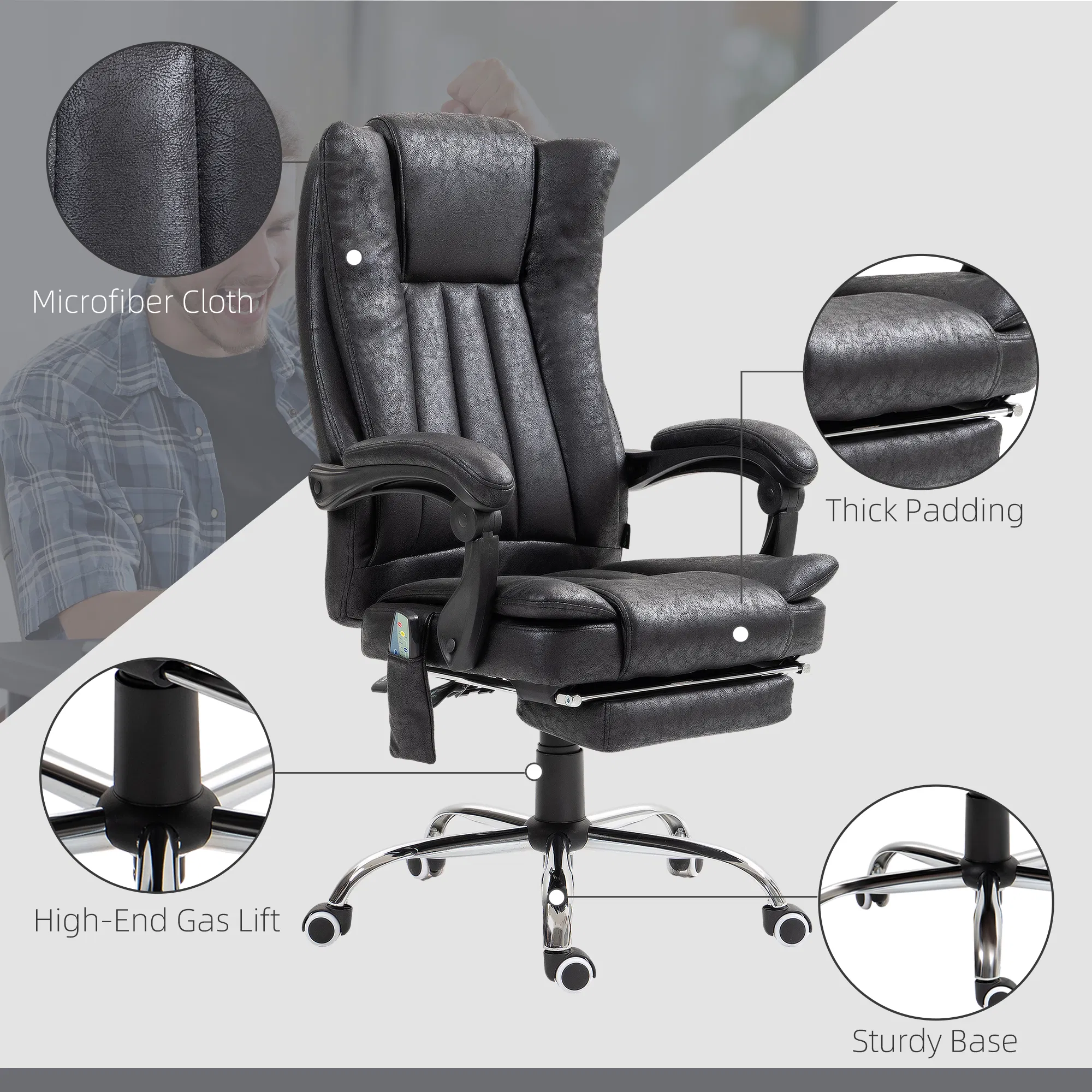 Office Chair 6-point Vibration Massage Chair Micro Fiber Recliner with Retractable Footrest Black photo 5