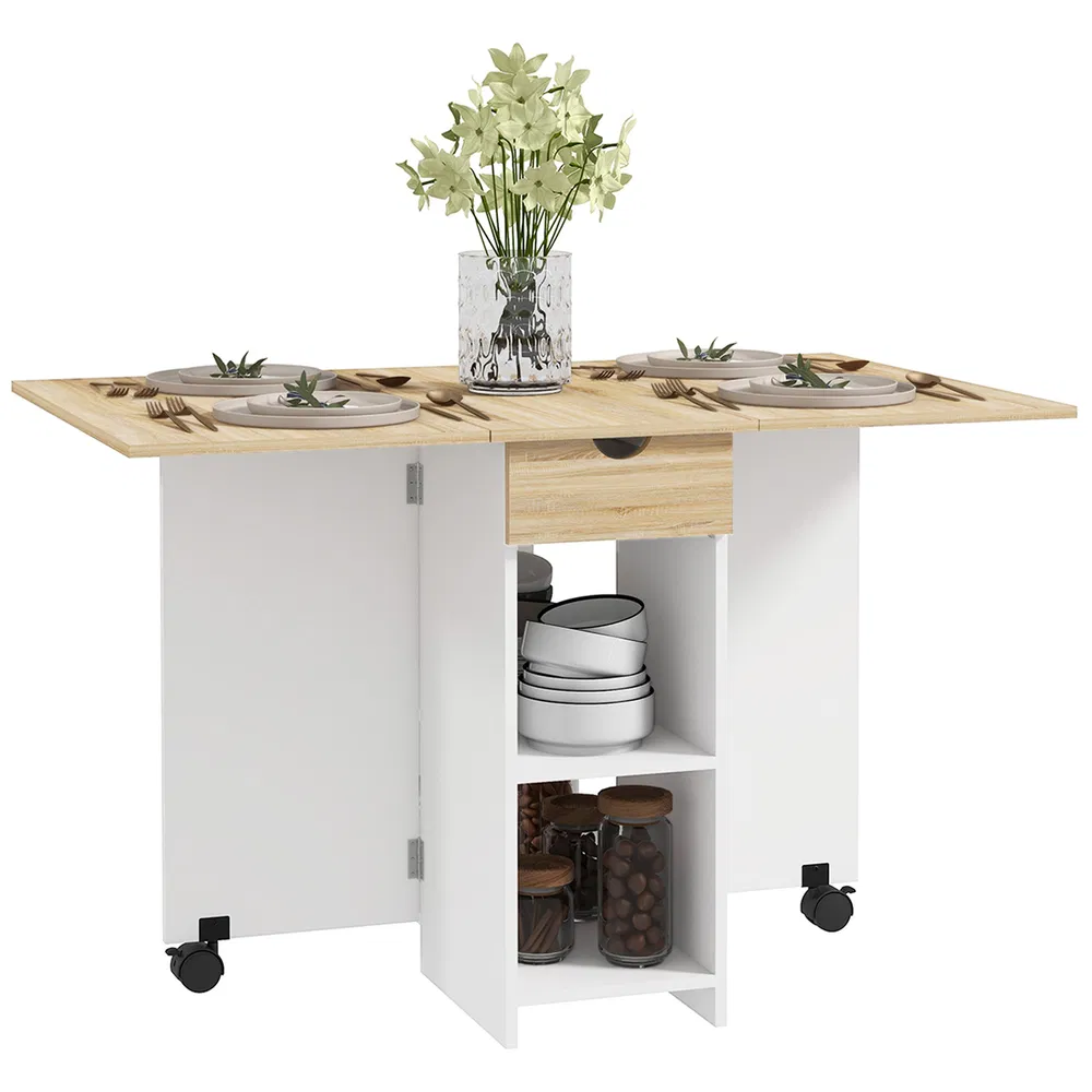 Folding Dining Table, Space Saving Drop Leaf Table with Drawer and Storage Shelves for Kitchen, Dining Room, Oak photo 2