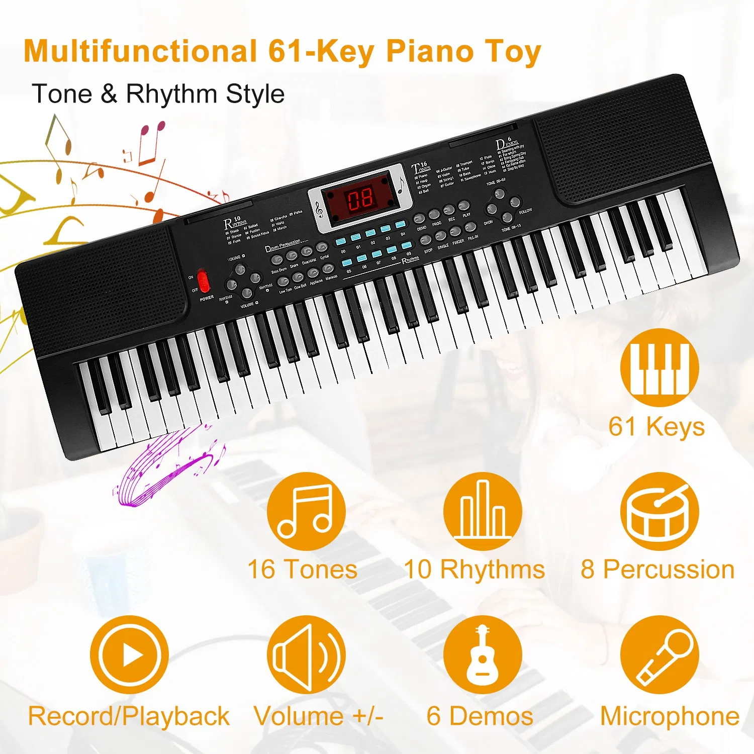 Multifunctional 61 Key Children's Piano Toy - Electronic Keyboard with 16 Tones, 8 Percussions, Volume Control & HD Display, Includes Stand Microphone for Early Music Education photo 3