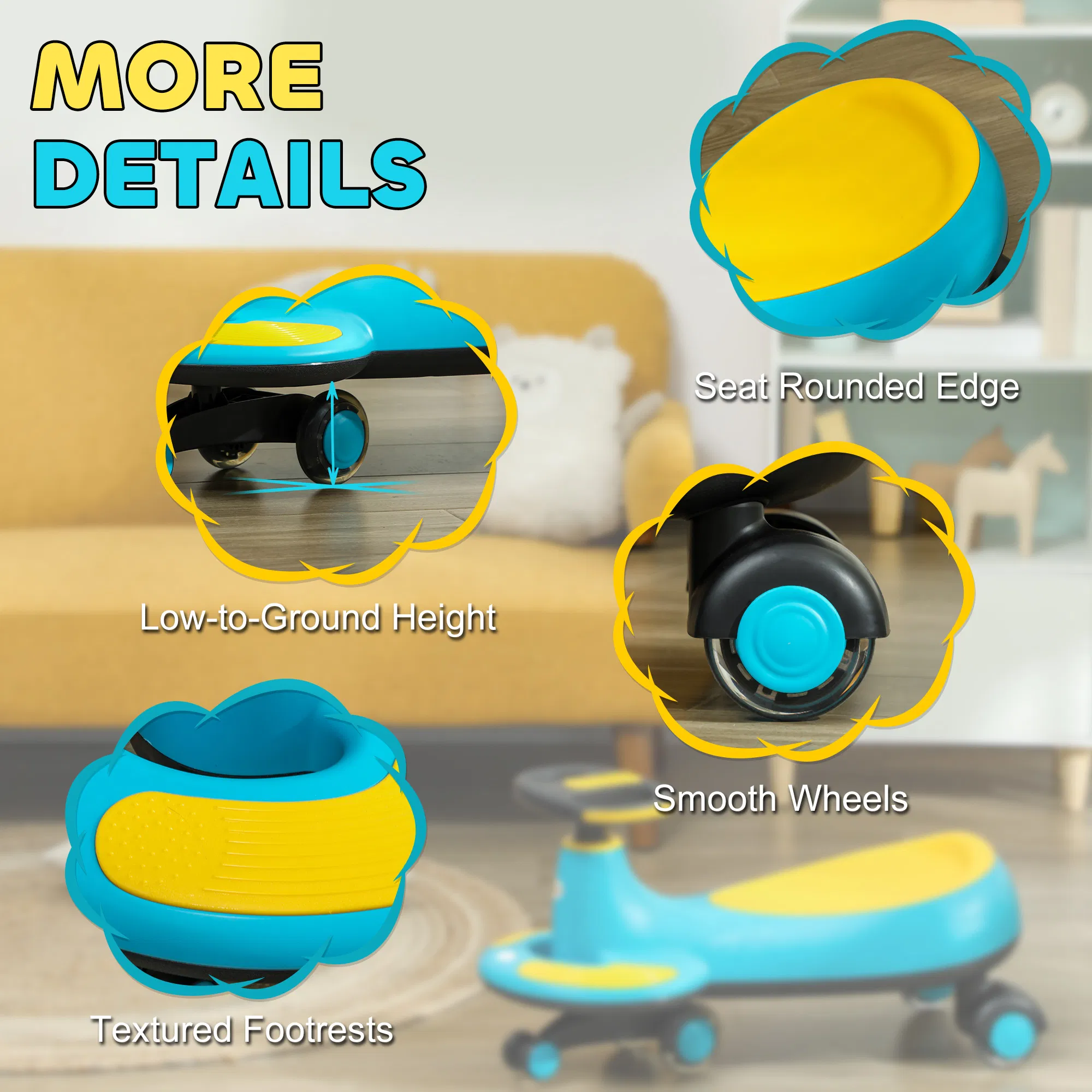 Kids Wiggle Car w/ Parent Traction Rope, Music, Light, Blue photo 6
