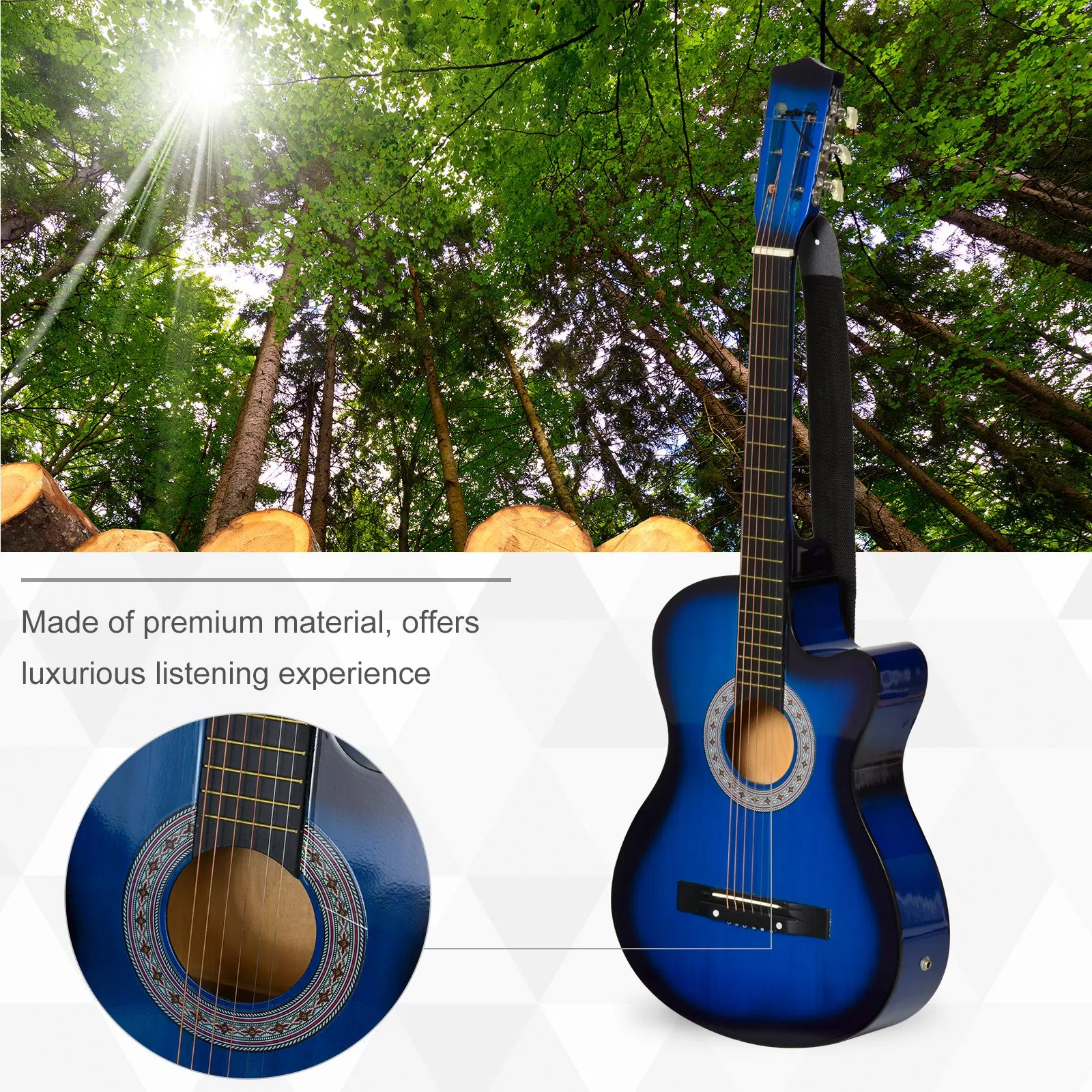 38 Inch Full Size Classical Acoustic Electric Guitar Premium Gloss Finish with Strings, Picks, Shoulder Strap and Case Bag, Blue photo 4