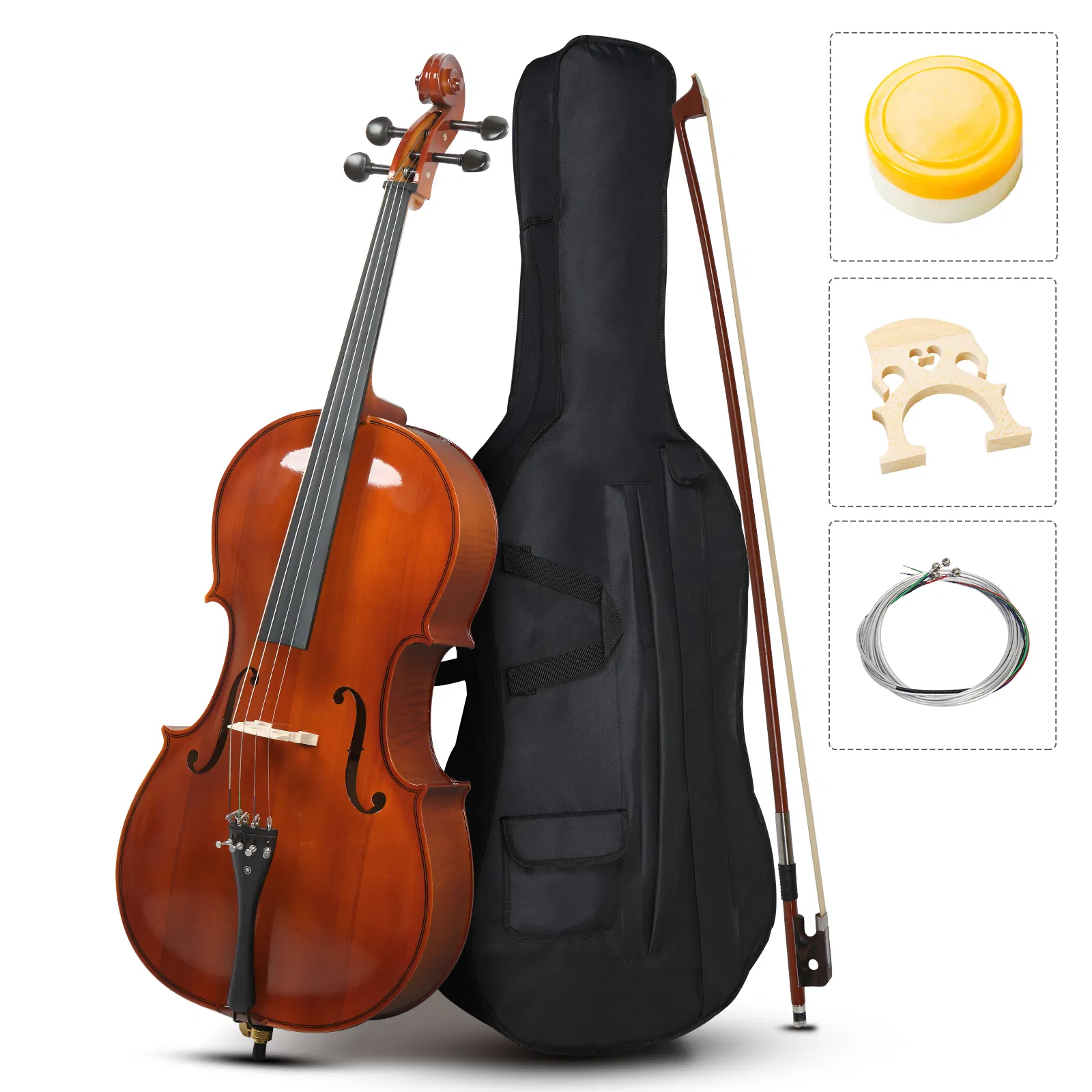 Full Side 4/4 Natural Color Spruce Panel Cello Tiger pattern process with Bag Bow Rosin Bridge Strings photo 1