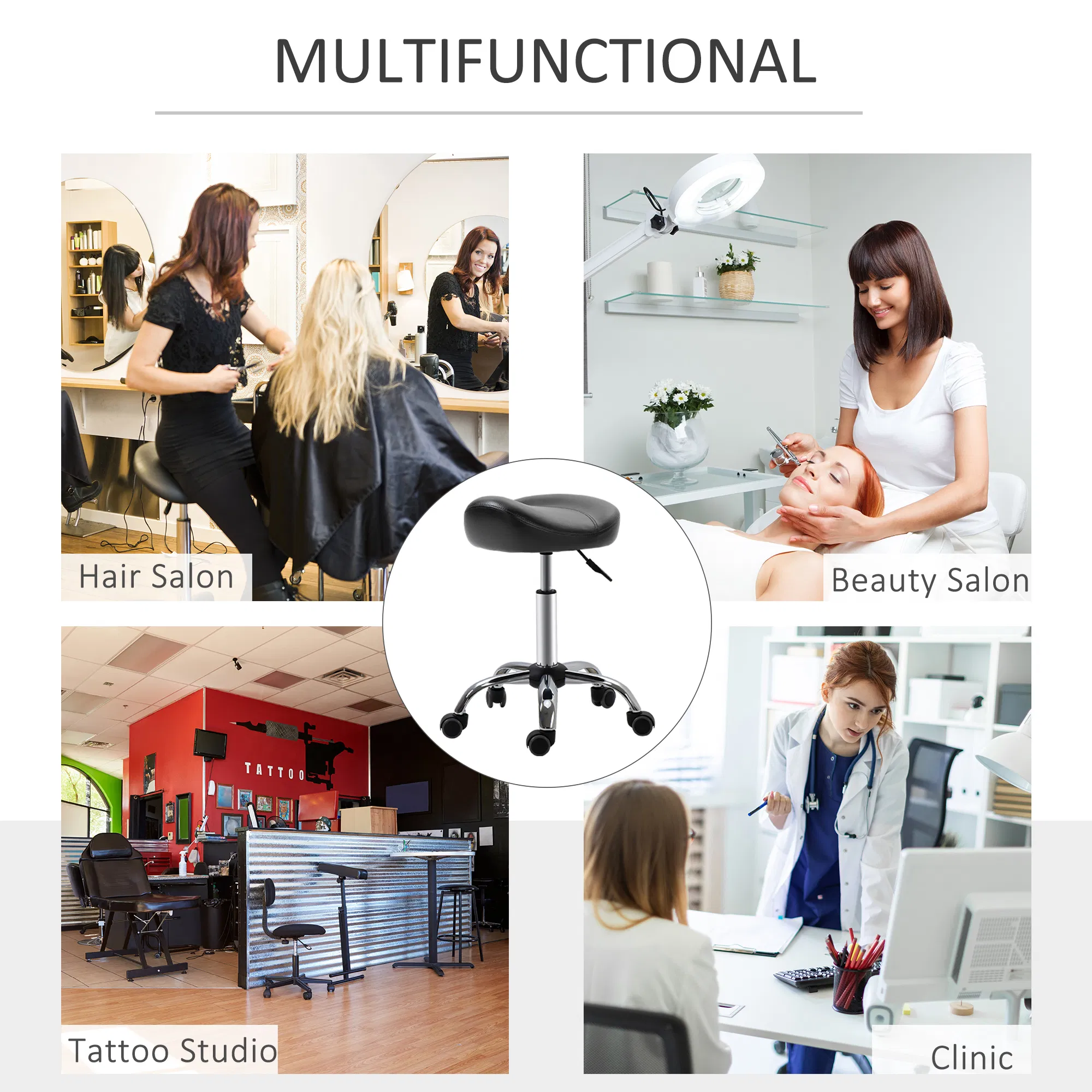 Saddle Stool Height Adjustable Rolling Salon Chair PU Leather Black for Massage Spa Clinic Beauty Tattoo photo 5