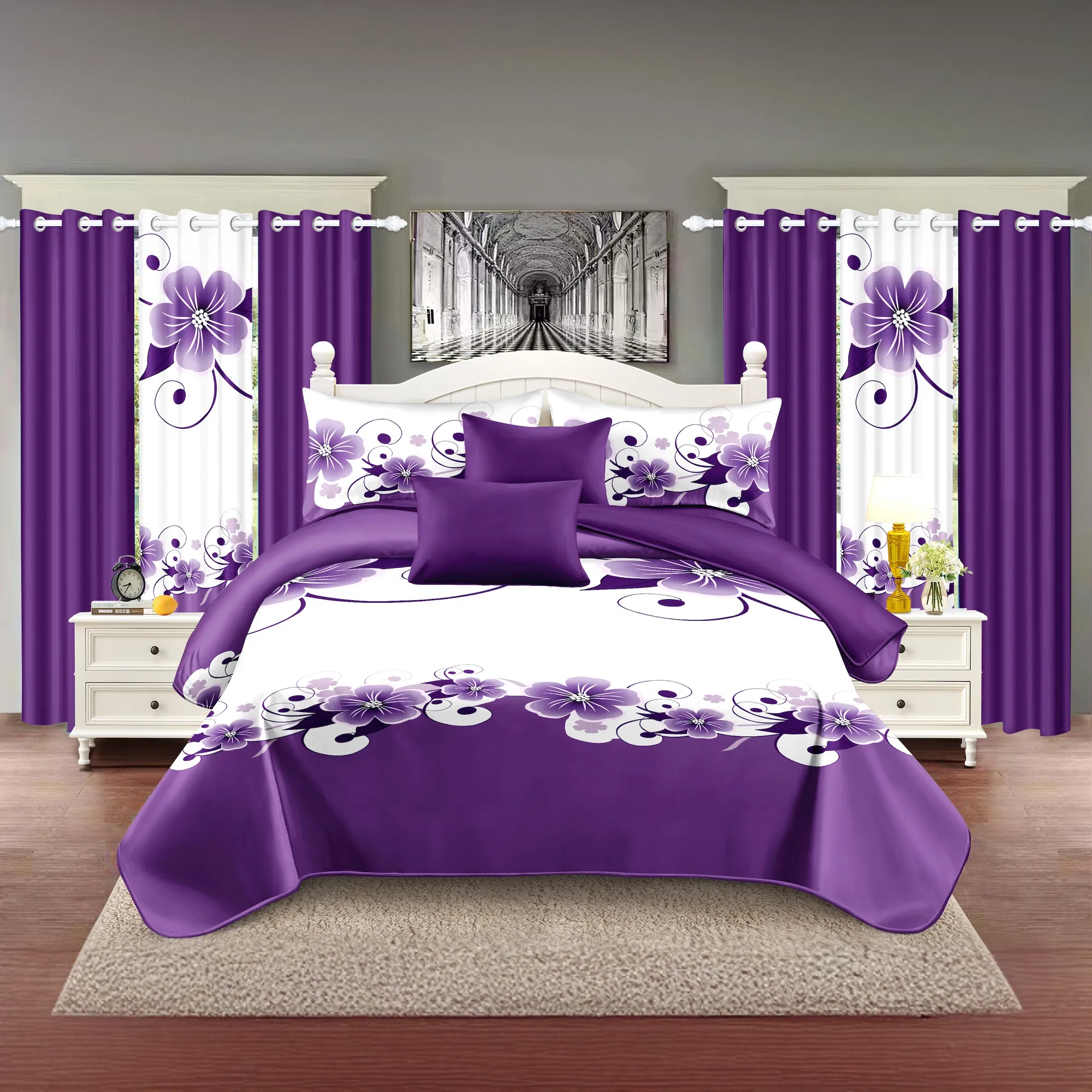9-Piece Purple Floral Bedding & Curtain Set (Queen/King/Cal King) - Quilted Microfiber Bedspread + Sheer Curtains photo 8