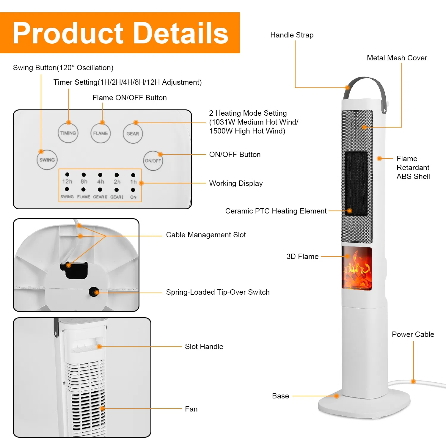 3-in-1 Quiet Space Heater - 120° Wide Coverage, 3D Fireplace Effect, Timer & Remote, Portable Indoor Heater with Multiple Protections photo 5